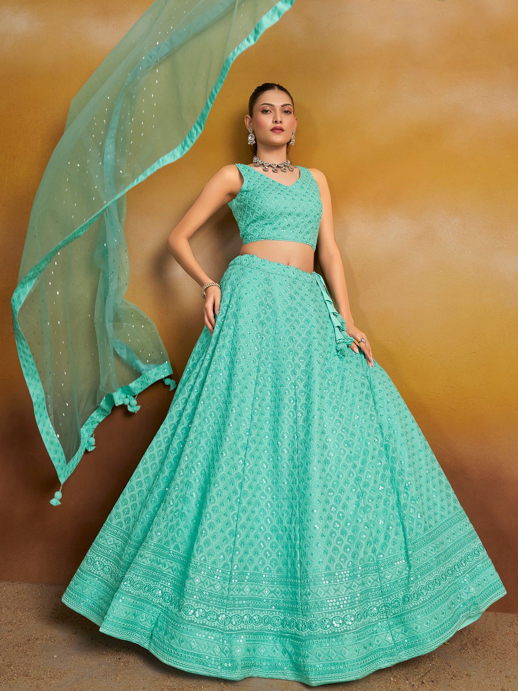 Astounding Sky-Blue Sequins Georgette Engagement Wear Lehenga Choli