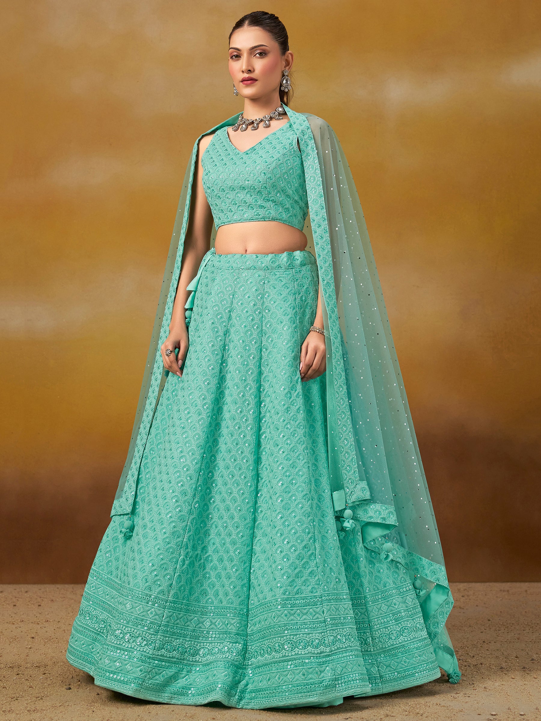 Astounding Sky-Blue Sequins Georgette Engagement Wear Lehenga Choli