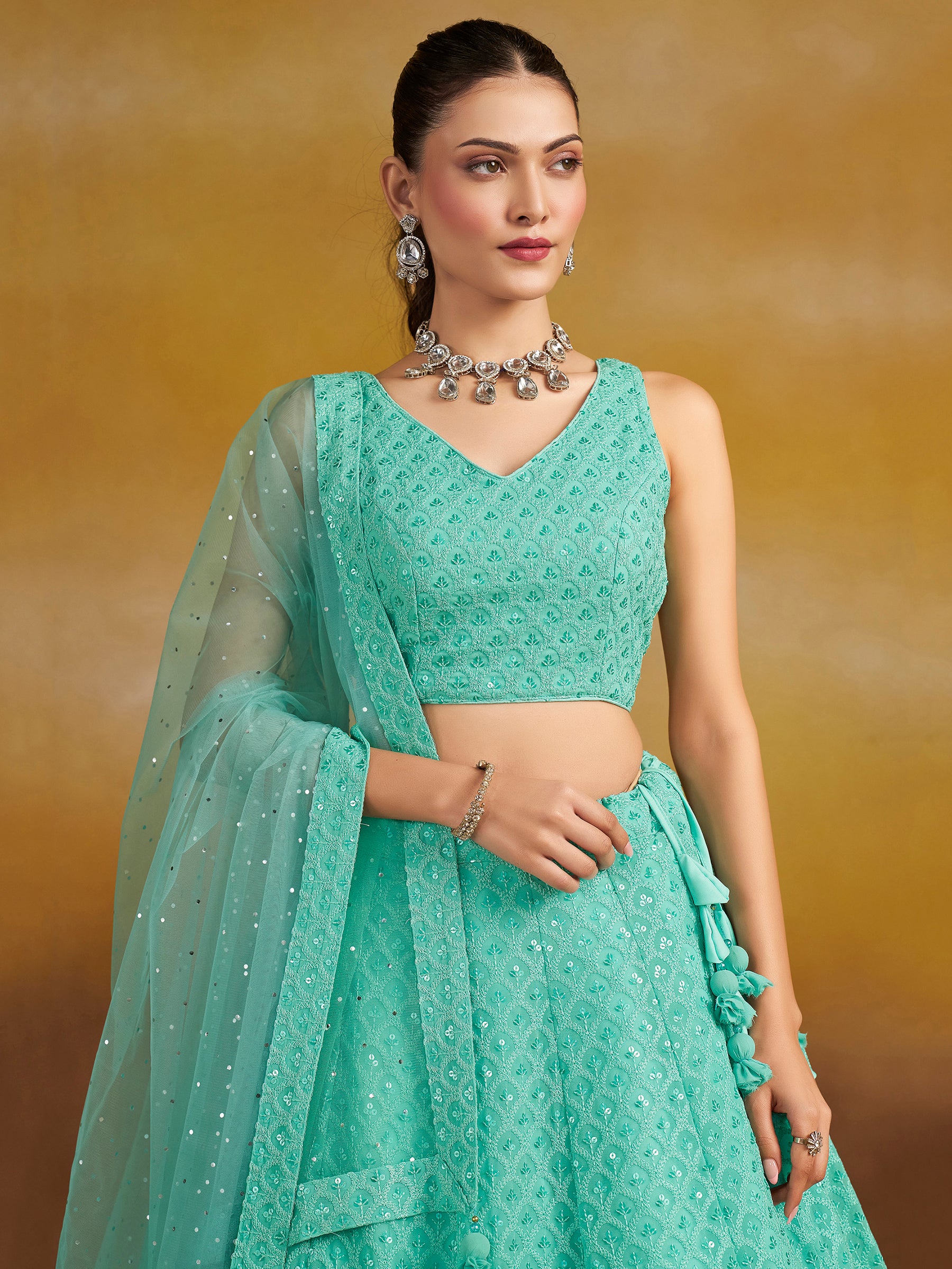 Astounding Sky-Blue Sequins Georgette Engagement Wear Lehenga Choli