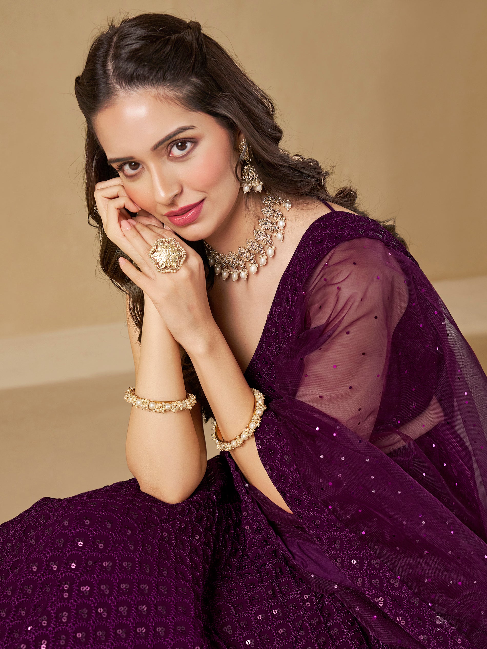 Marvelous Wine Thread Work Georgette Reception Wear Lehenga Choli