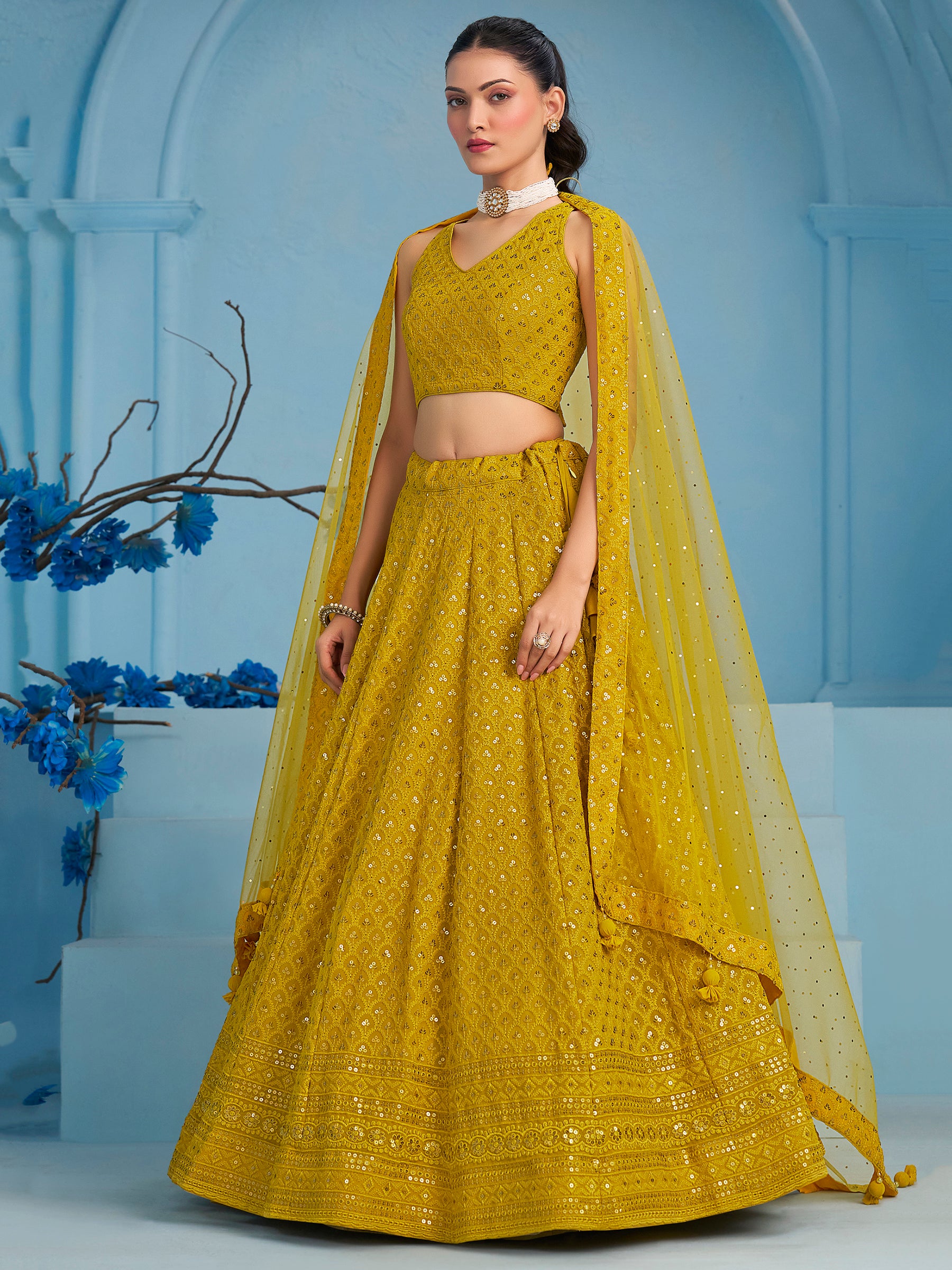 Charming Yellow Thread Work Georgette Festival Wear Lehenga Choli