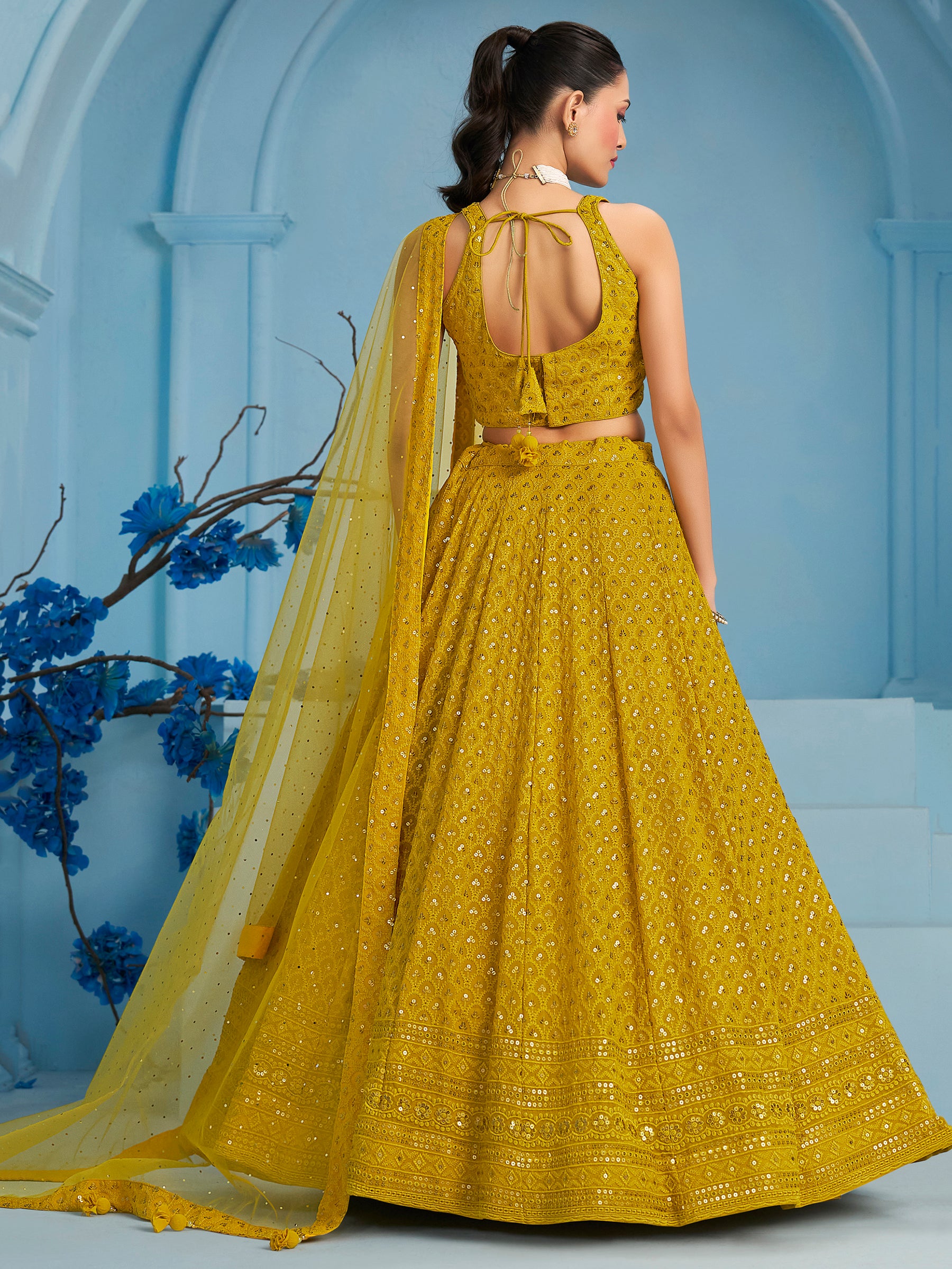 Charming Yellow Thread Work Georgette Festival Wear Lehenga Choli
