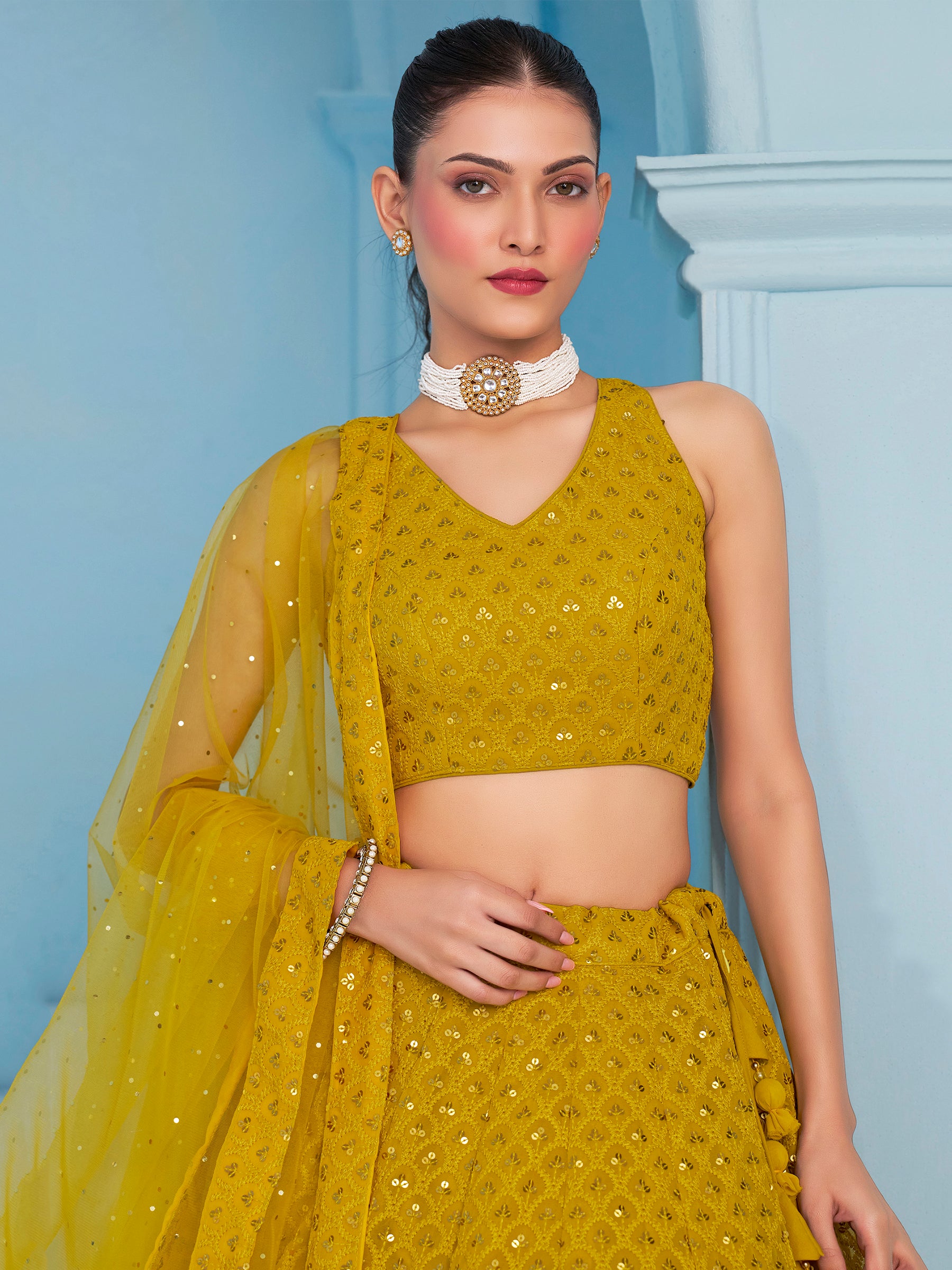 Charming Yellow Thread Work Georgette Festival Wear Lehenga Choli