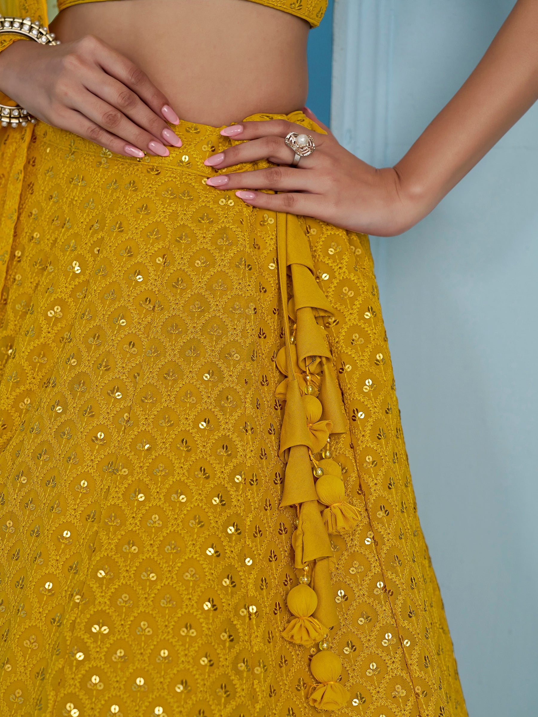 Charming Yellow Thread Work Georgette Festival Wear Lehenga Choli