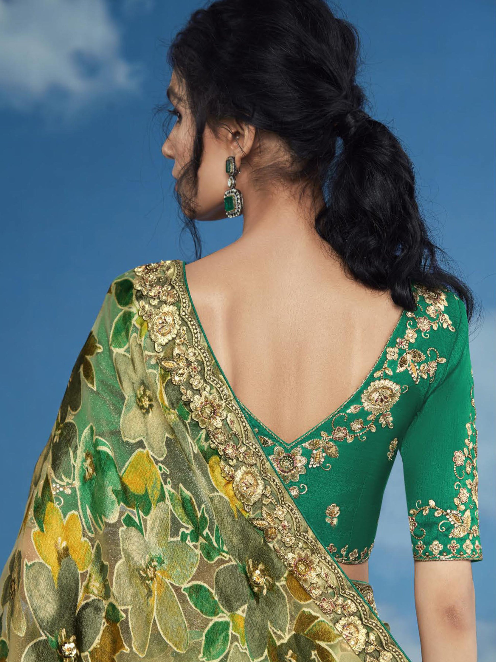 Charming Green Lace Work Brasso Reception Wear Saree With Blouse