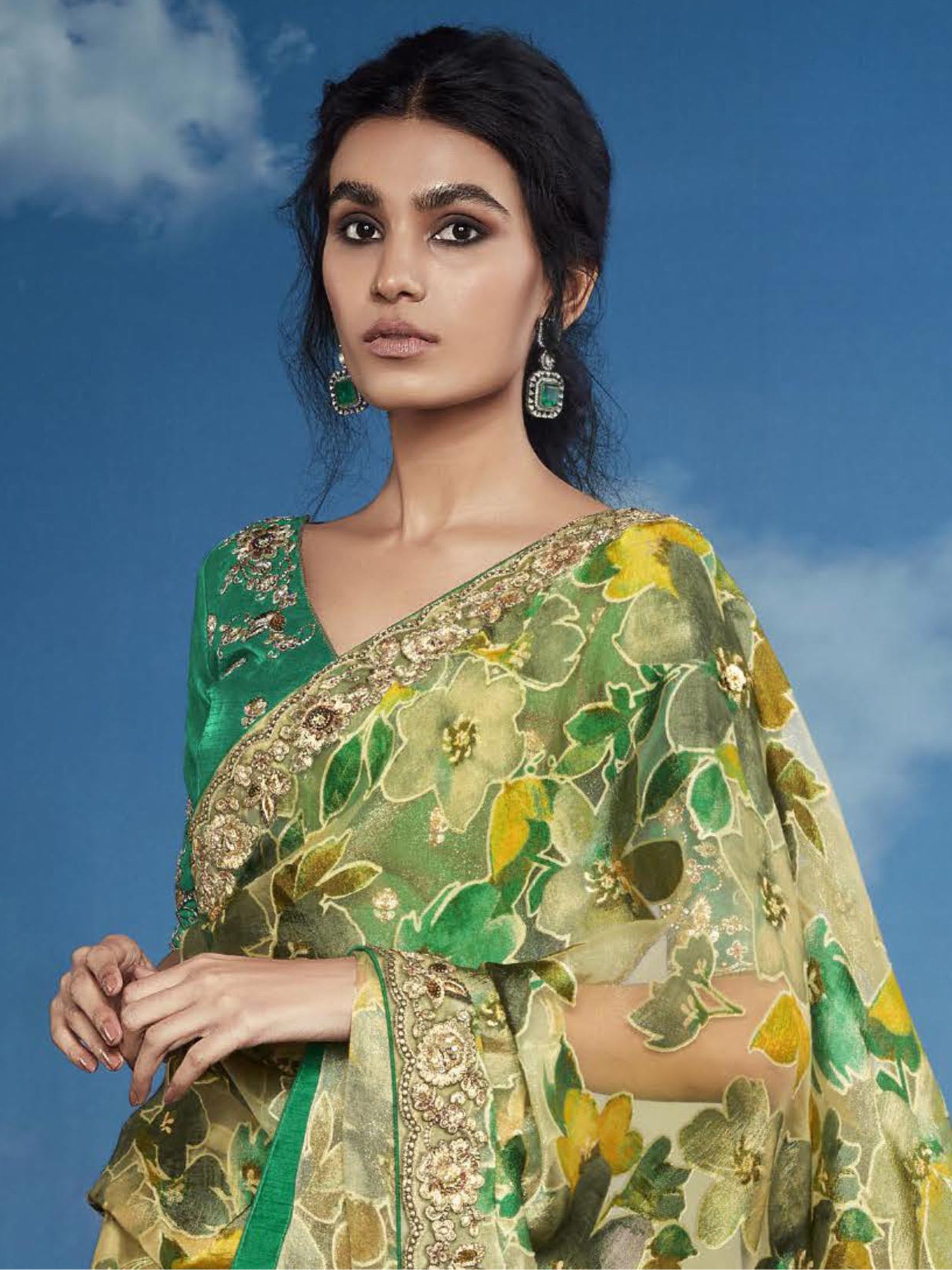 Charming Green Lace Work Brasso Reception Wear Saree With Blouse