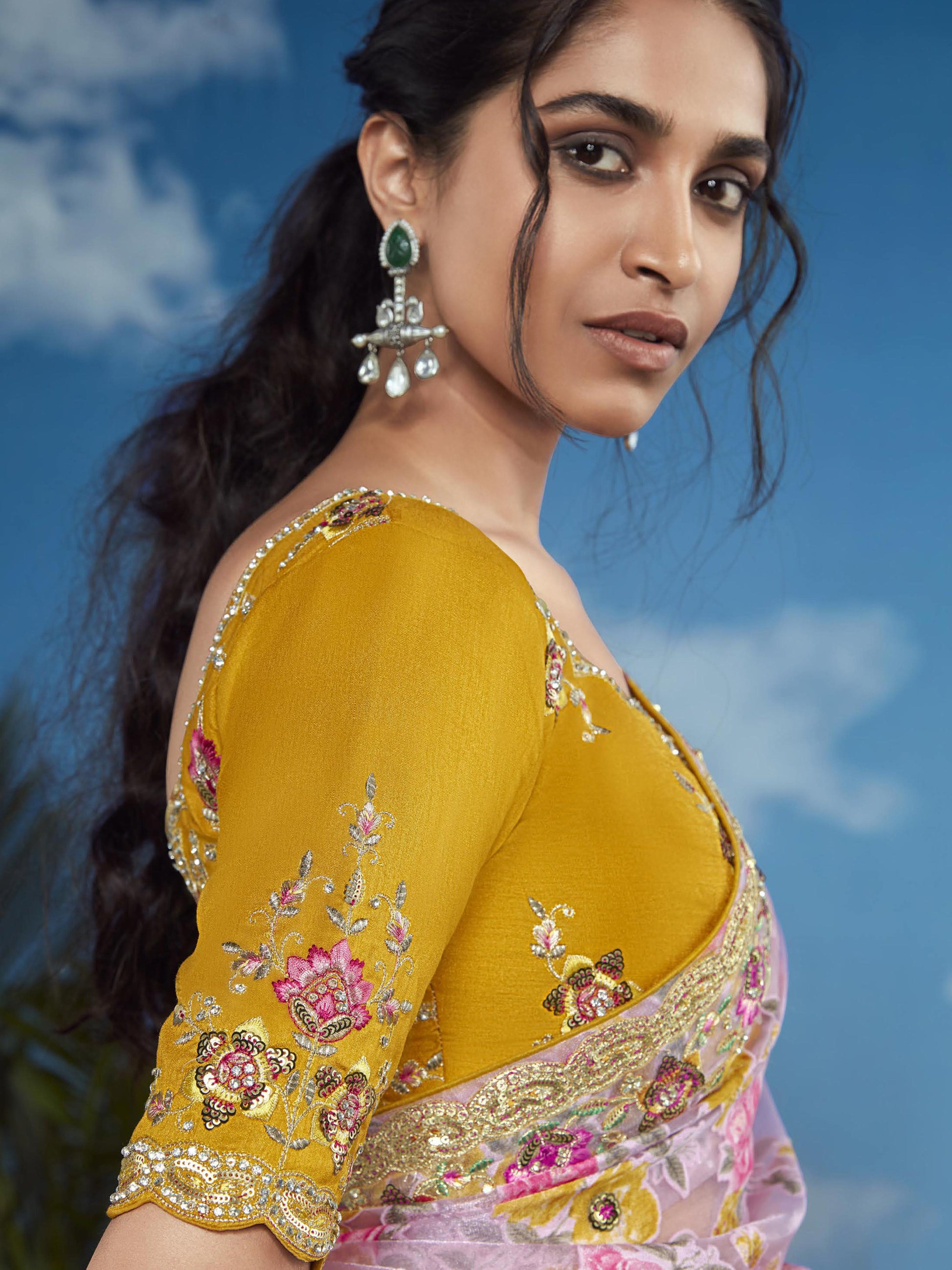 Beautiful Pink Lace Work Brasso Event Wear Saree With Blouse