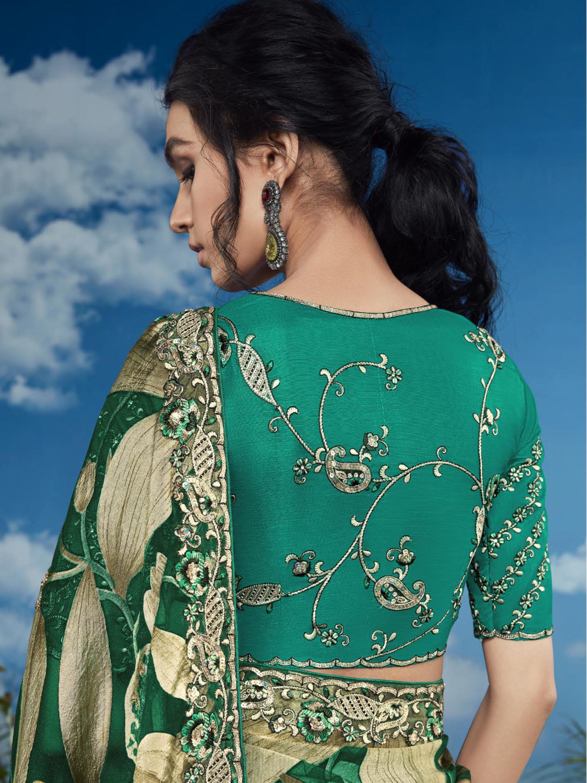 Gorgeous Dark Green Lace Work Brasso Saree With Blouse