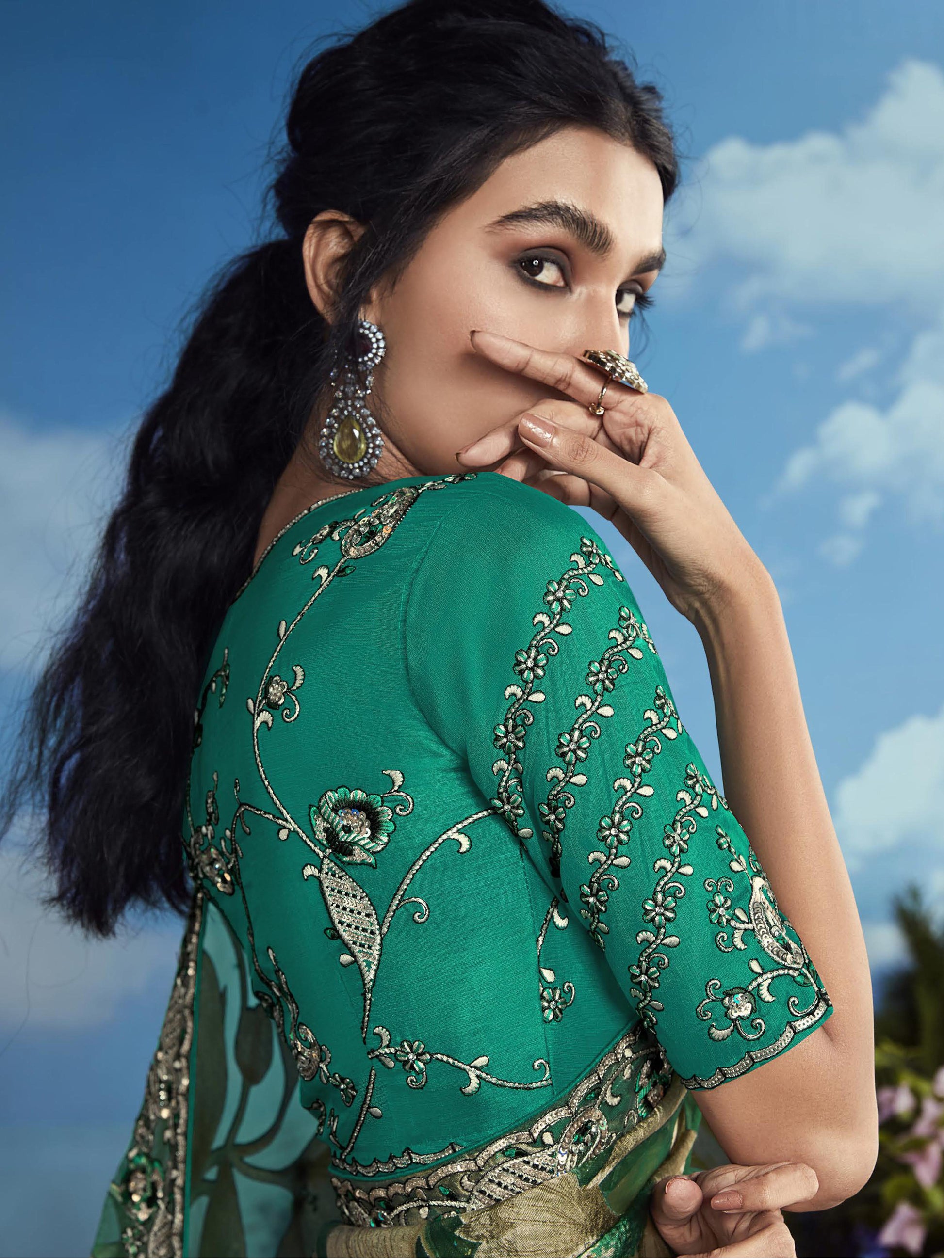 Gorgeous Dark Green Lace Work Brasso Saree With Blouse