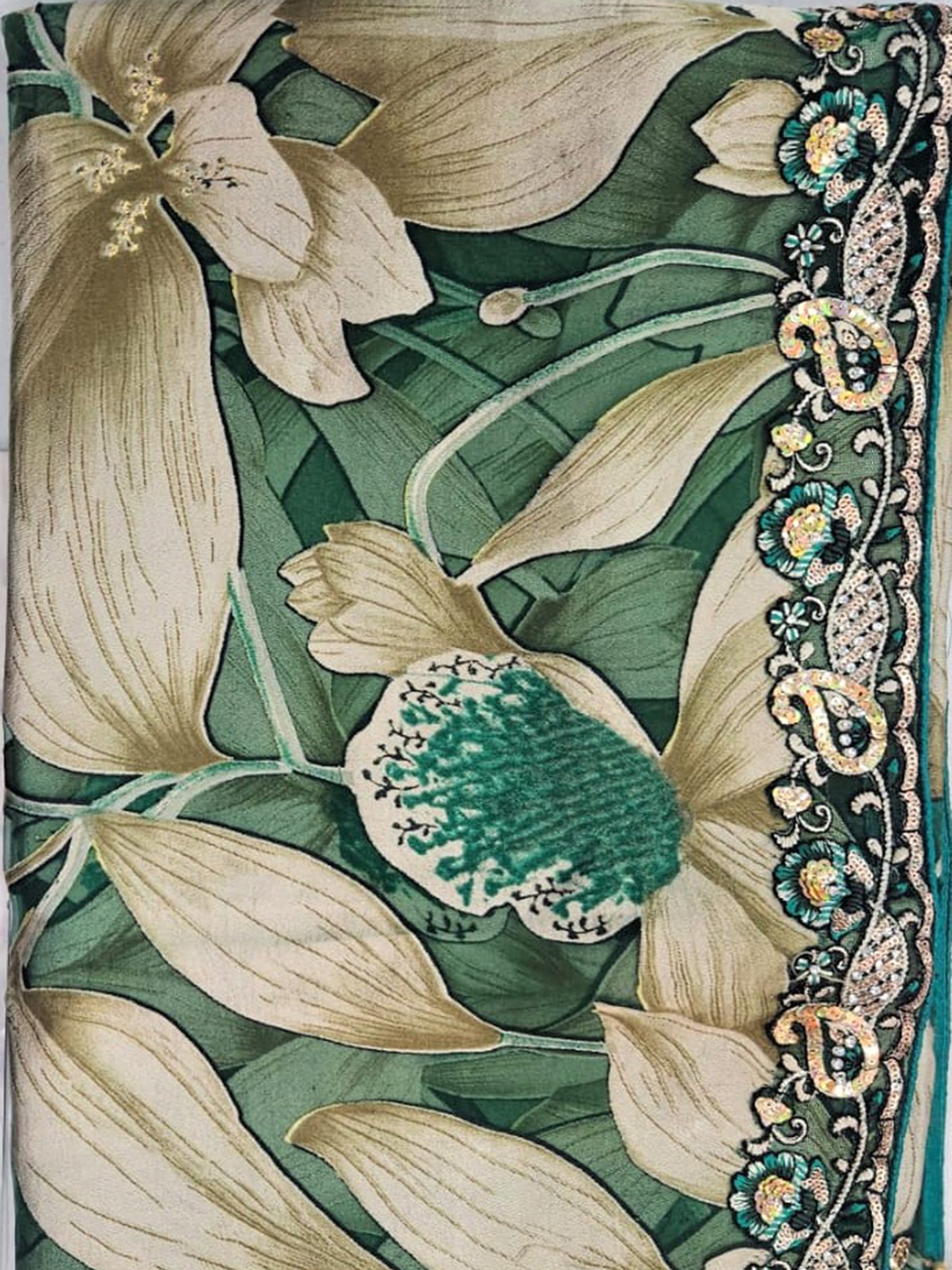 Gorgeous Dark Green Lace Work Brasso Saree With Blouse