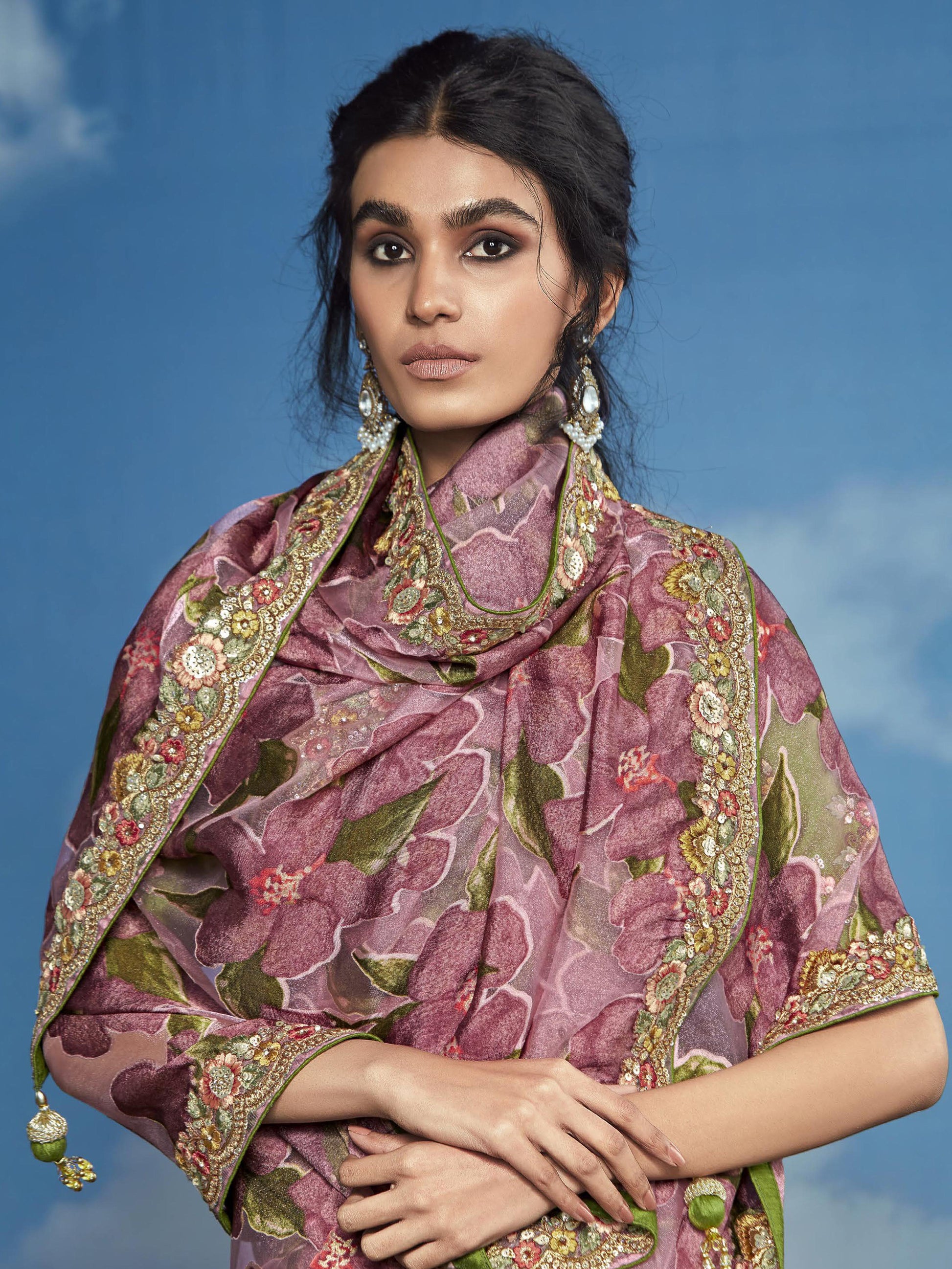 Gorgeous Mauve Lace Work Brasso Festival Wear Saree With Blouse
