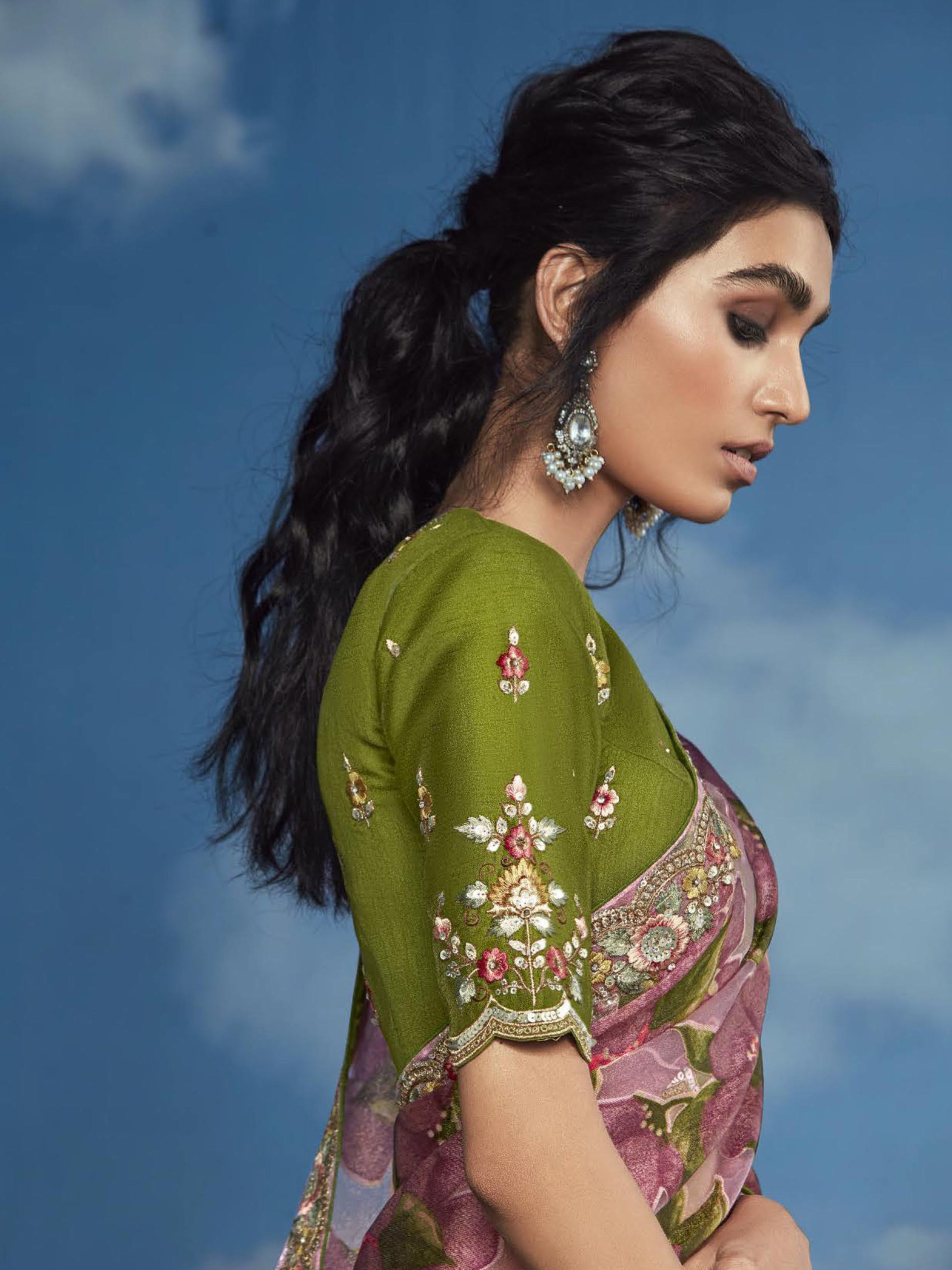 Gorgeous Mauve Lace Work Brasso Festival Wear Saree With Blouse
