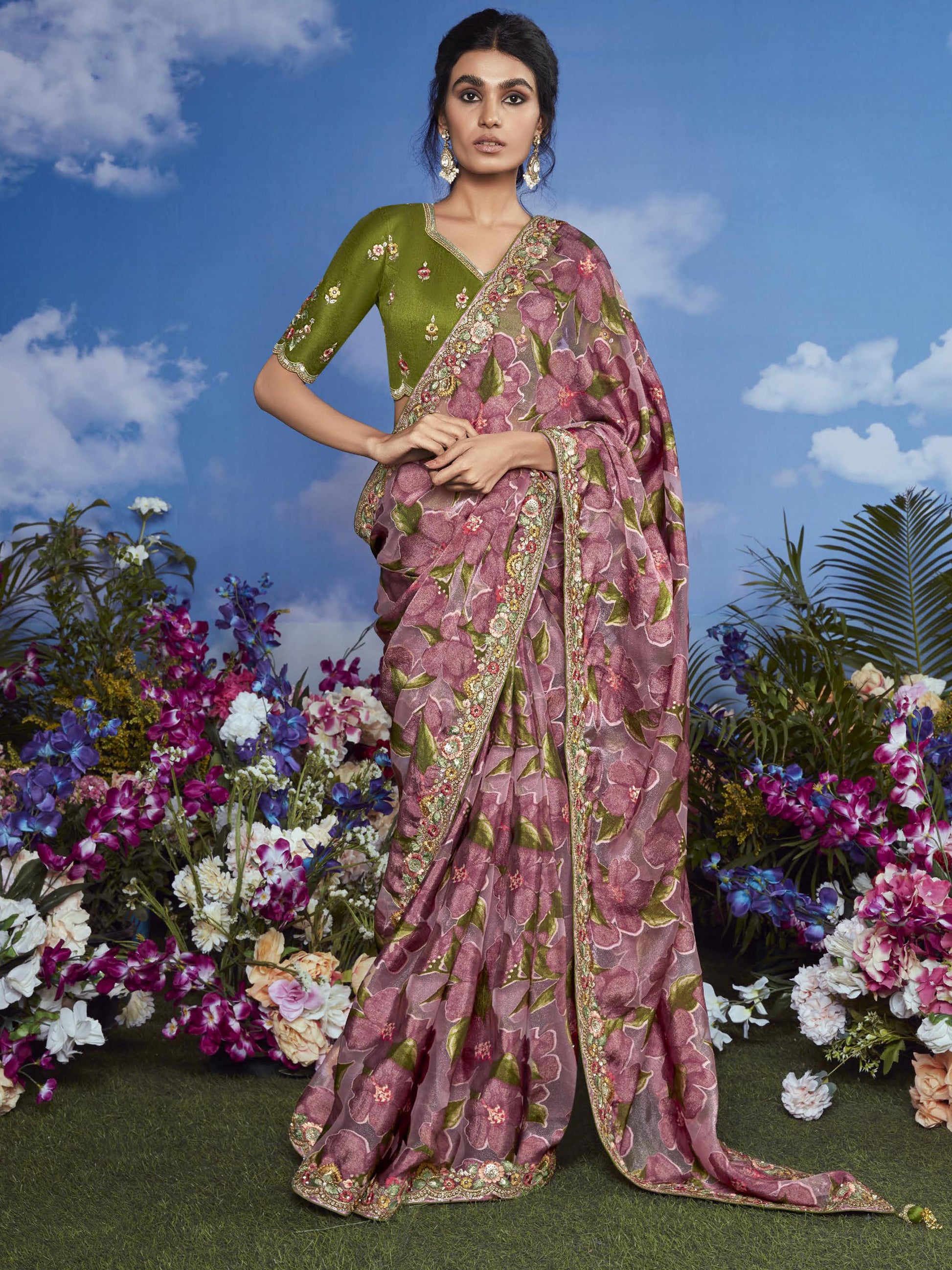 Gorgeous Mauve Lace Work Brasso Festival Wear Saree With Blouse