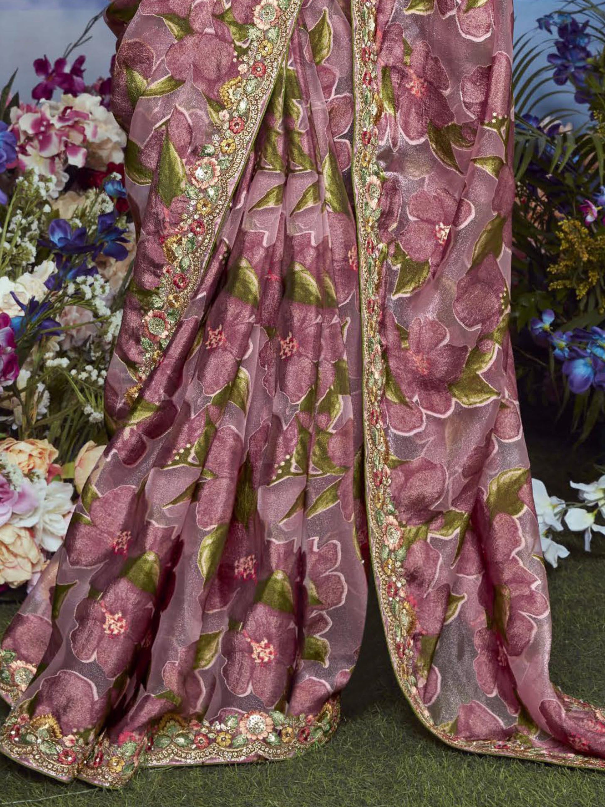 Gorgeous Mauve Lace Work Brasso Festival Wear Saree With Blouse
