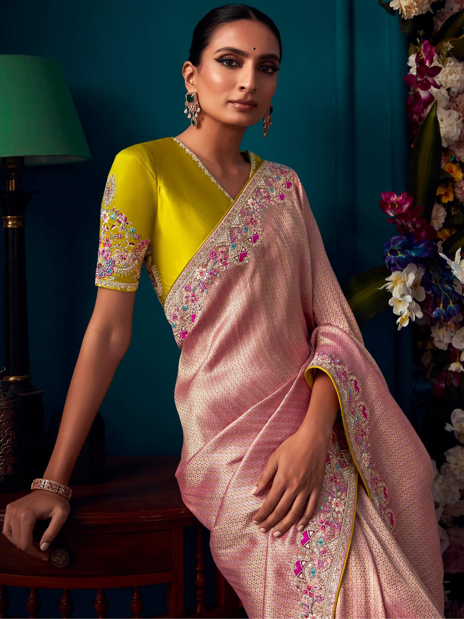 Gorgeous Pink Embroidered Kanjivaram Silk Engagement Wear Saree