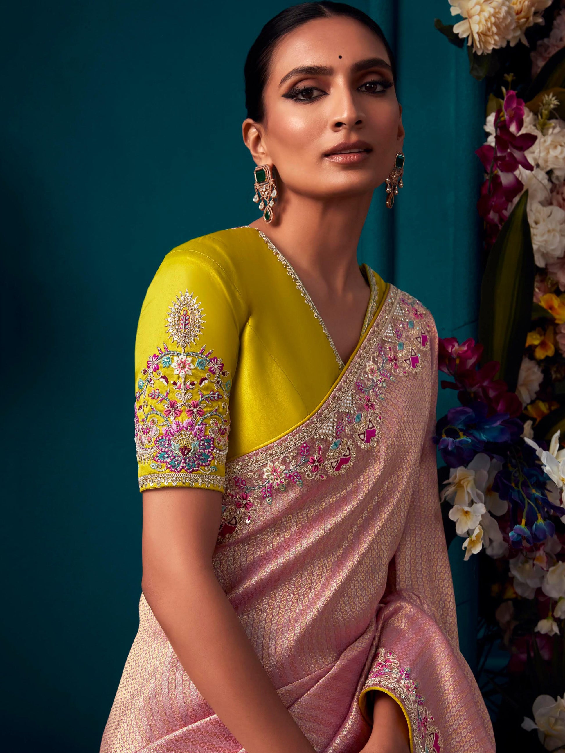 Gorgeous Pink Embroidered Kanjivaram Silk Engagement Wear Saree