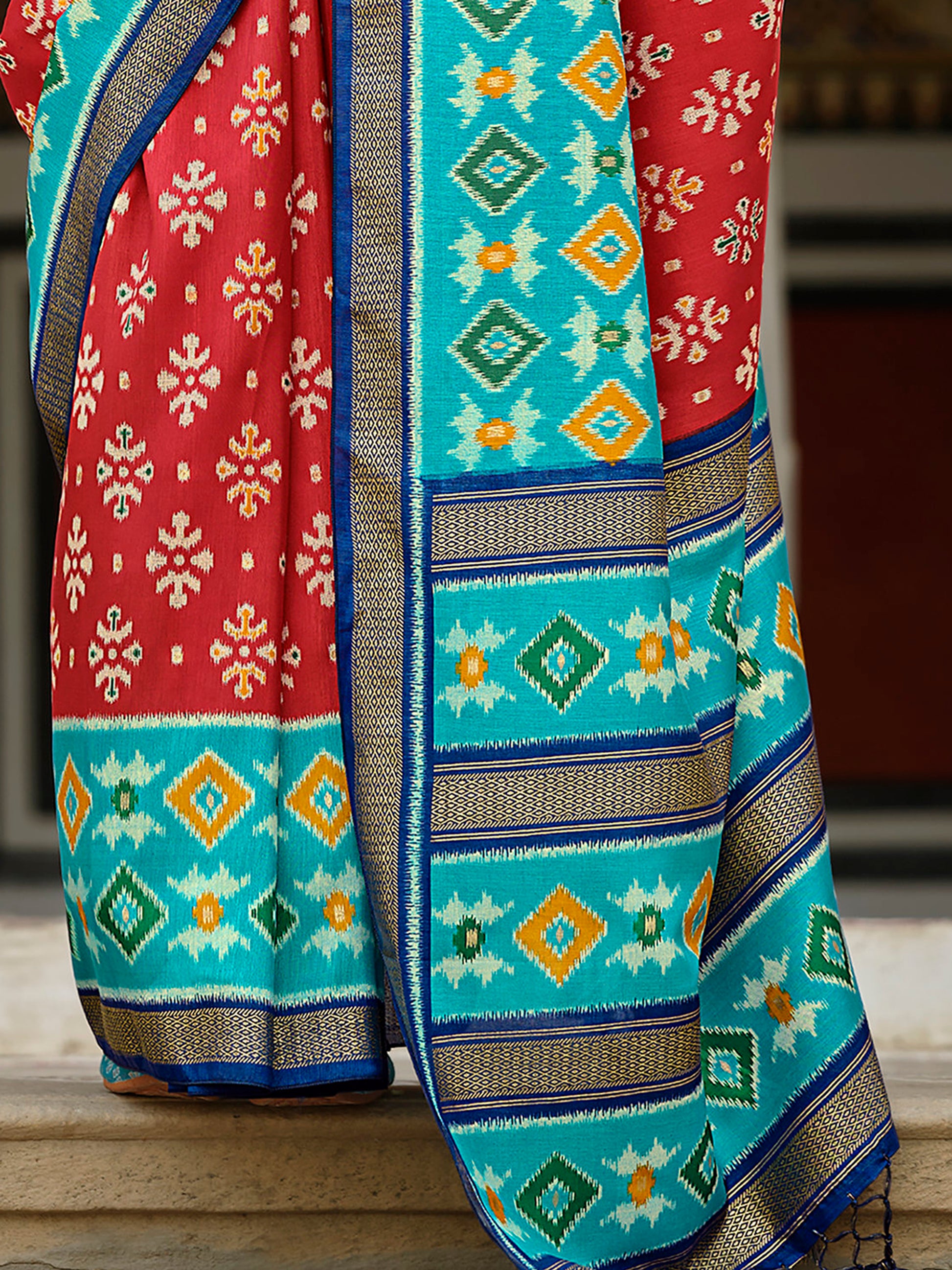 Marvelous Red Printed Silk Traditional Saree With Blouse