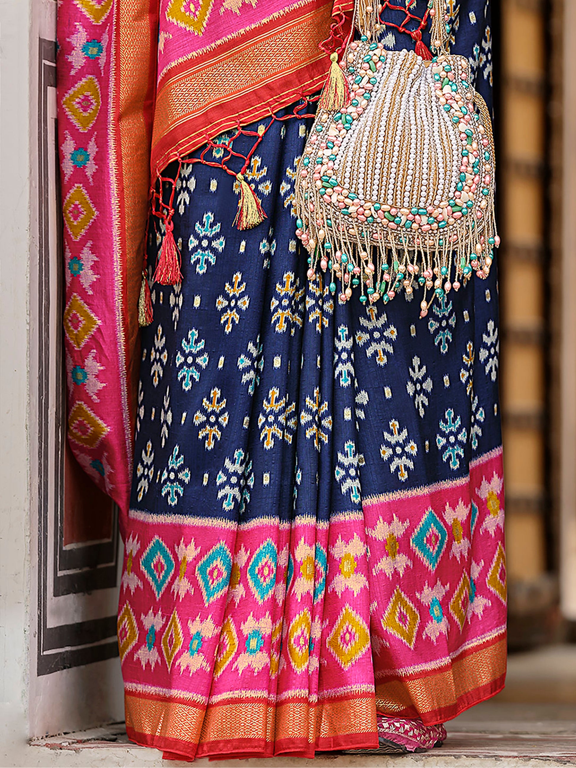 Awesome Navy Blue Printed Silk Festival Wear Saree With Blouse