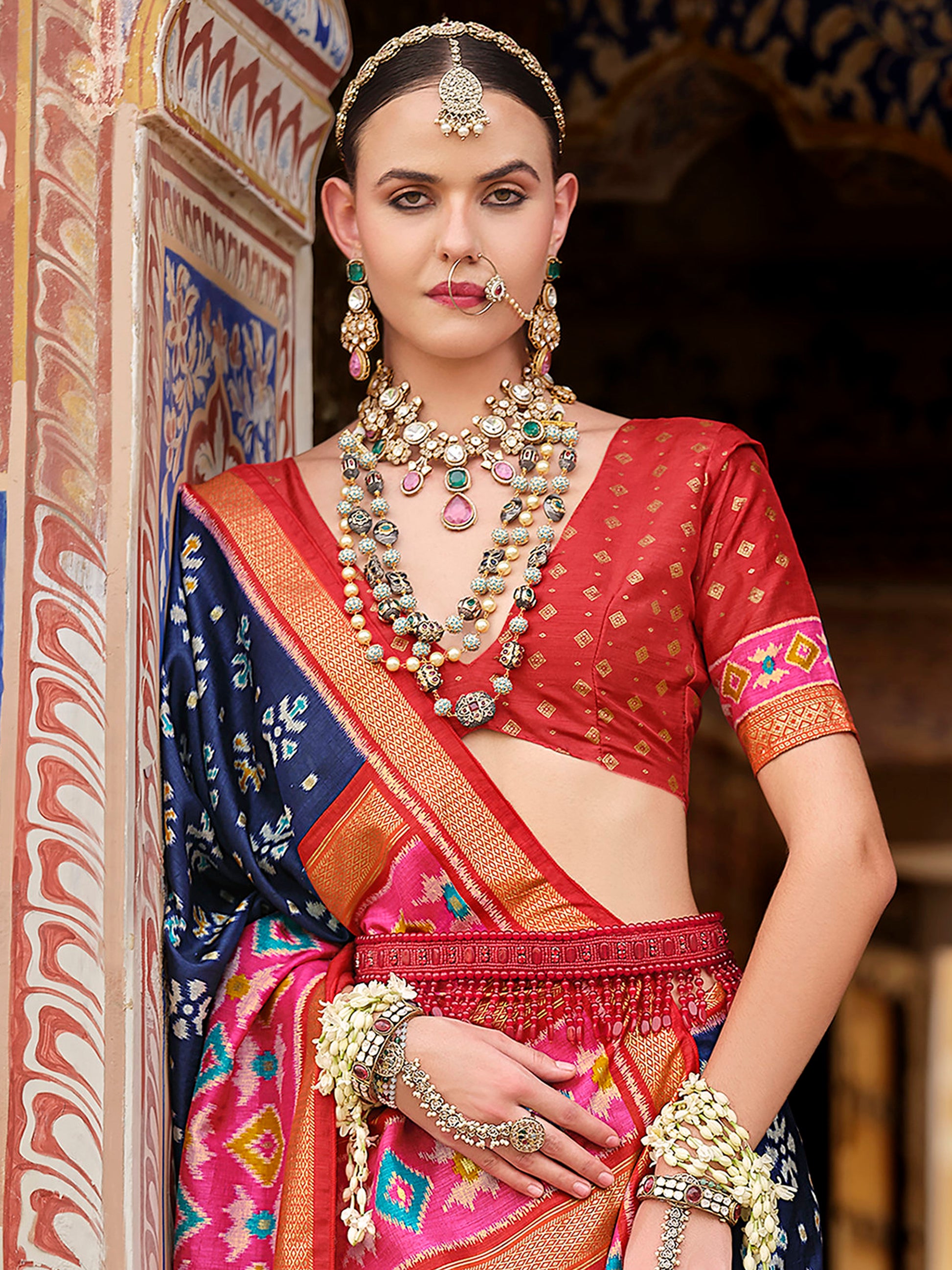 Awesome Navy Blue Printed Silk Festival Wear Saree With Blouse