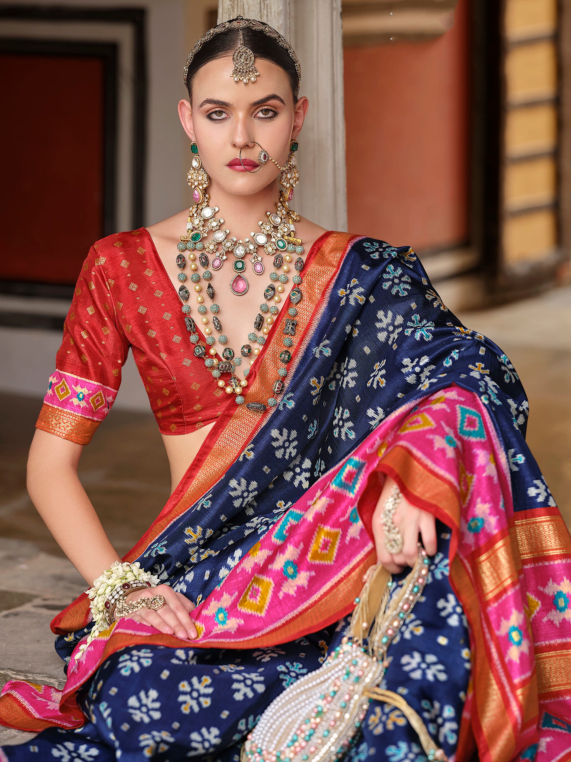 Awesome Navy Blue Printed Silk Festival Wear Saree With Blouse