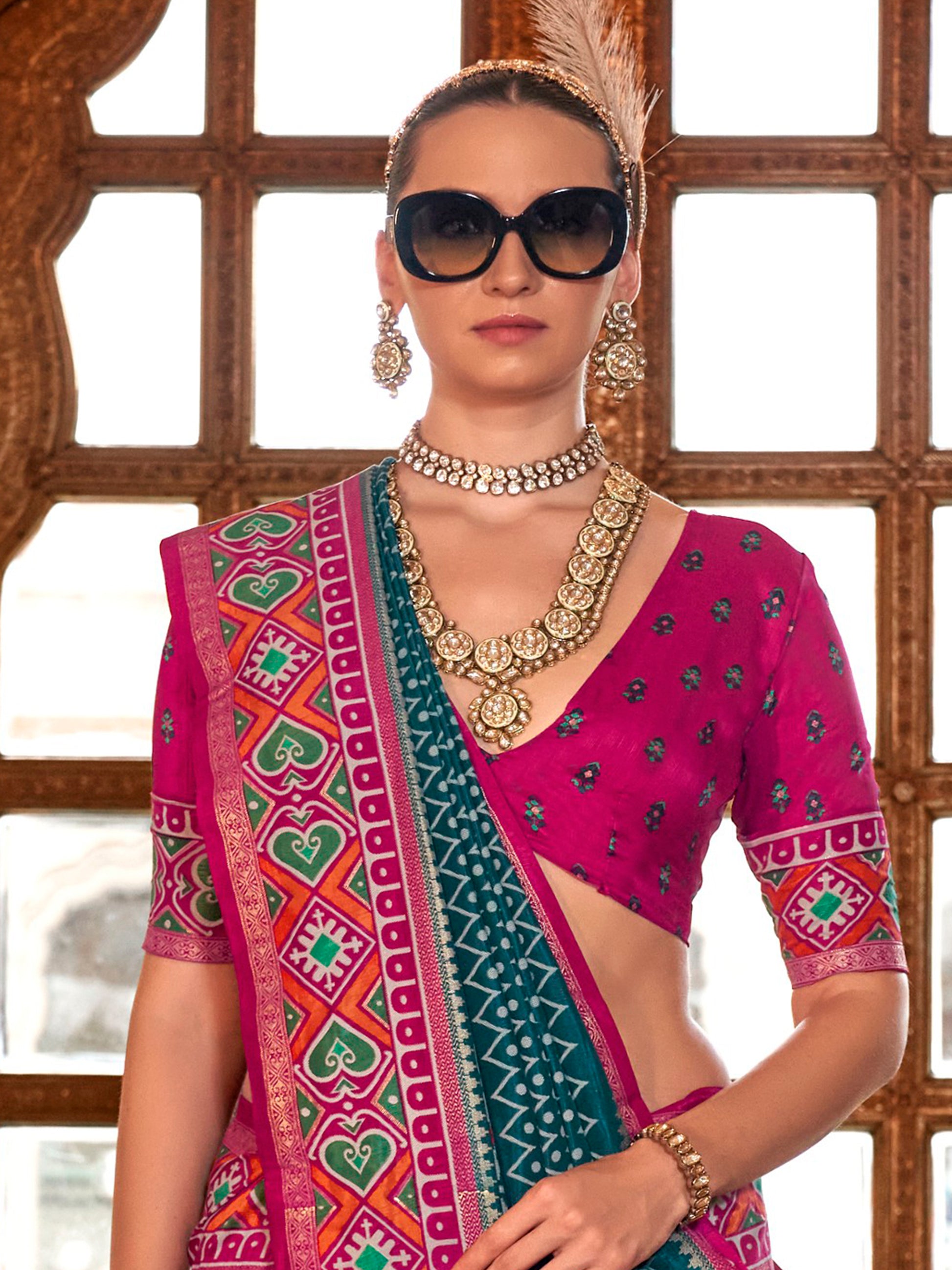 Beautiful Teal Blue Patola Printed Silk Festival Wear Saree With Blouse