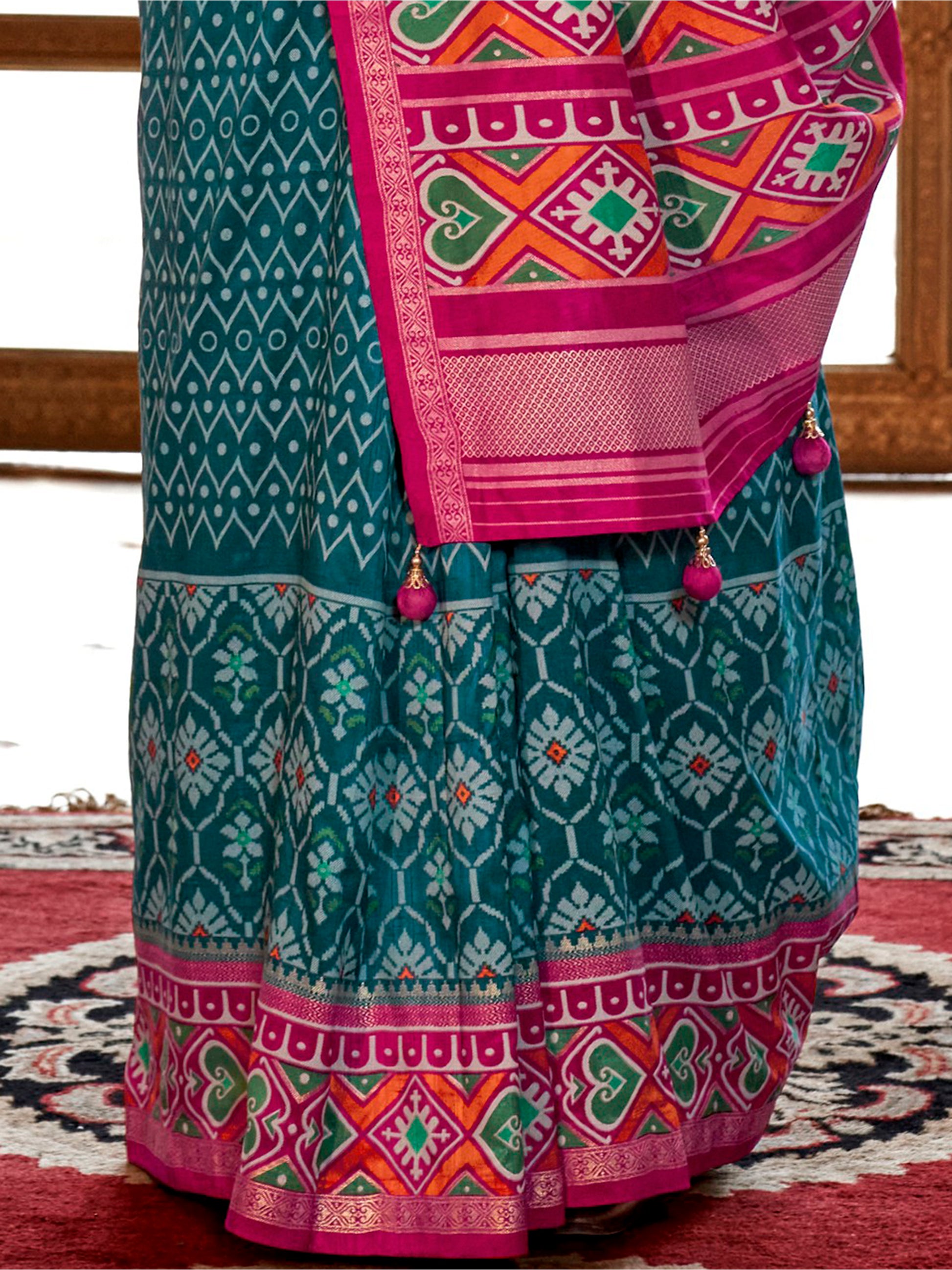 Beautiful Teal Blue Patola Printed Silk Festival Wear Saree With Blouse