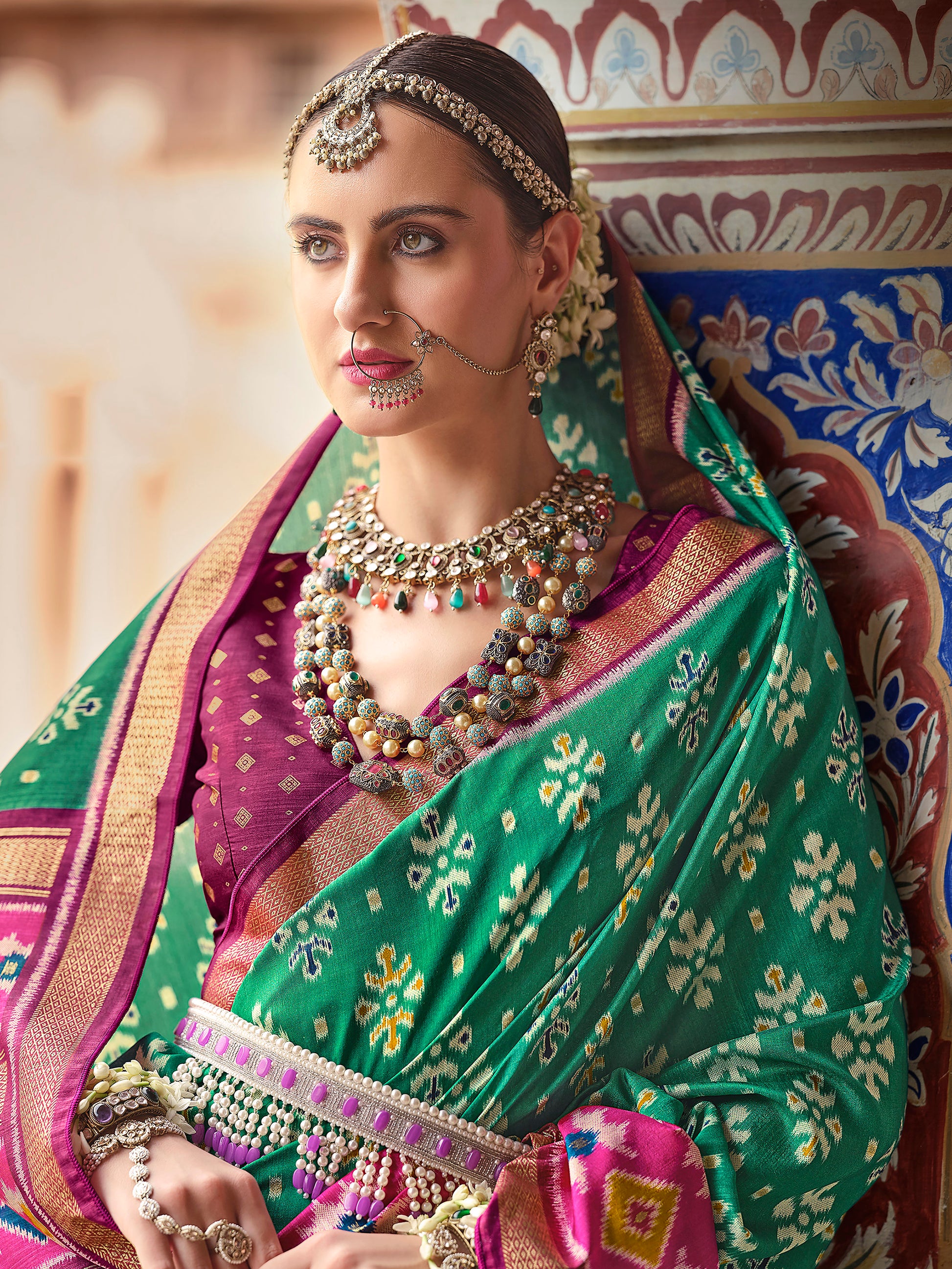 Incredible Teal Green Printed Silk Festival Wear Saree With Blouse