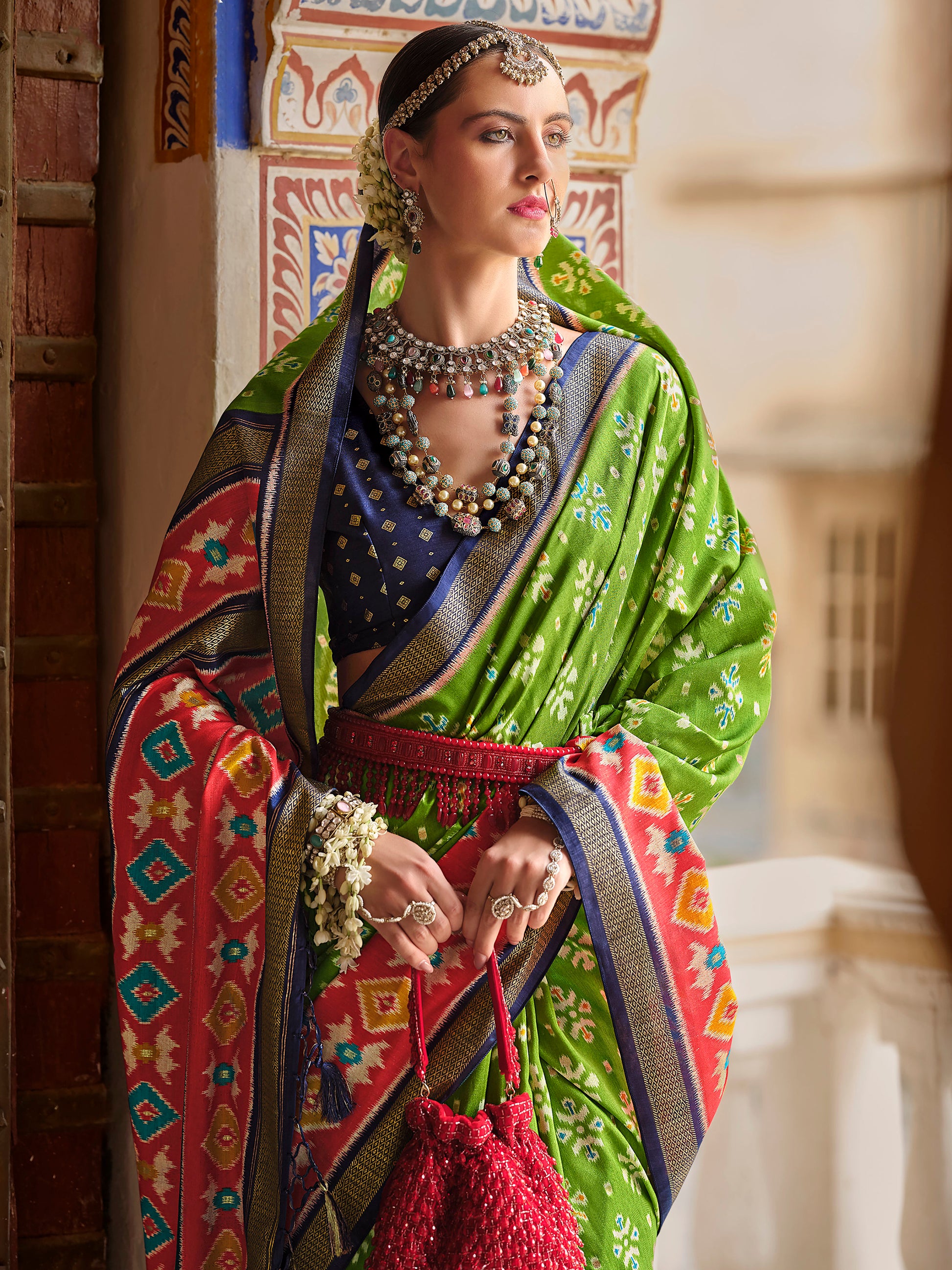 Fantastic Green Printed Silk Traditional Saree With Blouse