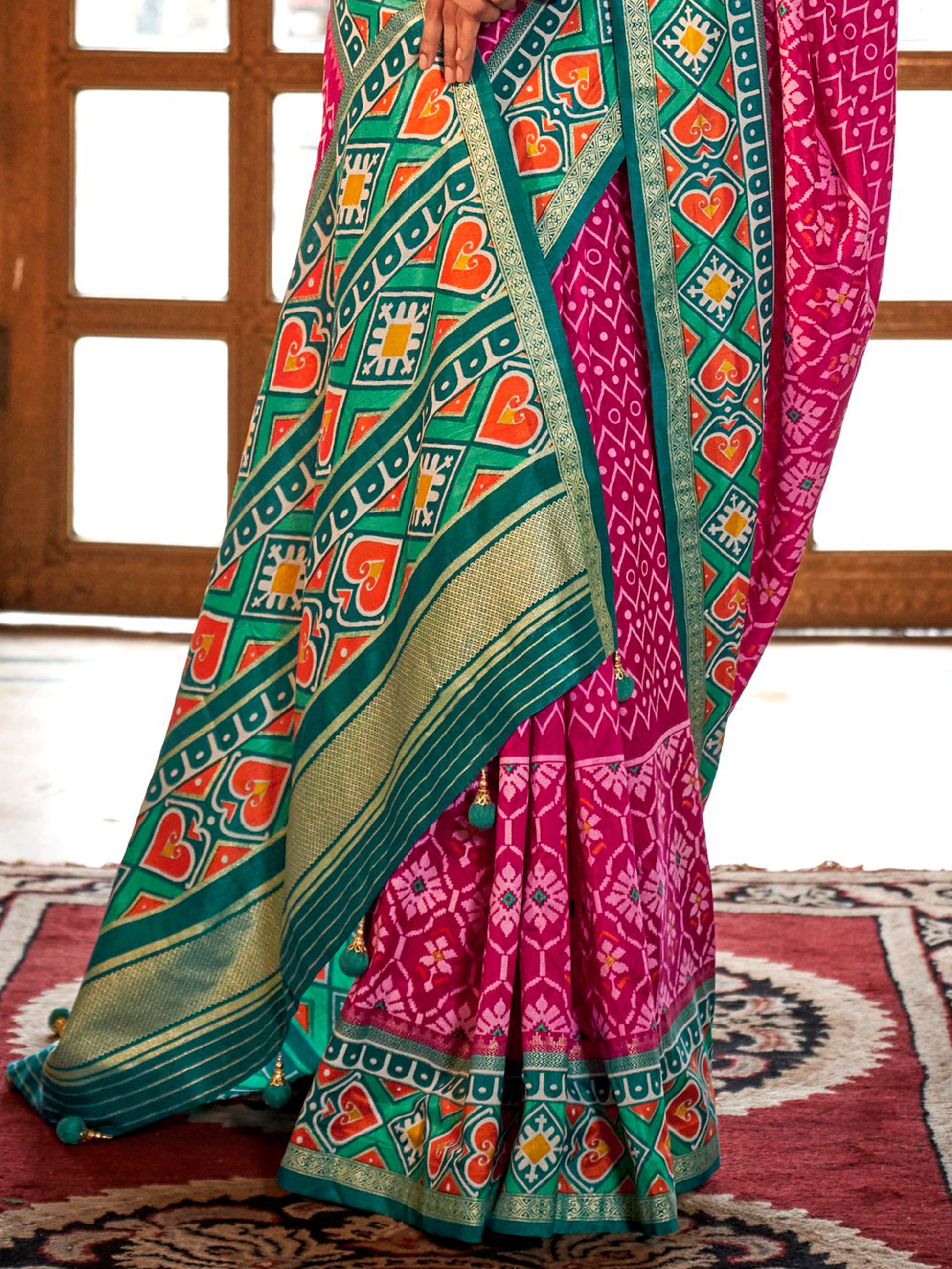 Gorgeous Pink Patola Printed Silk Event Wear Saree With Blouse