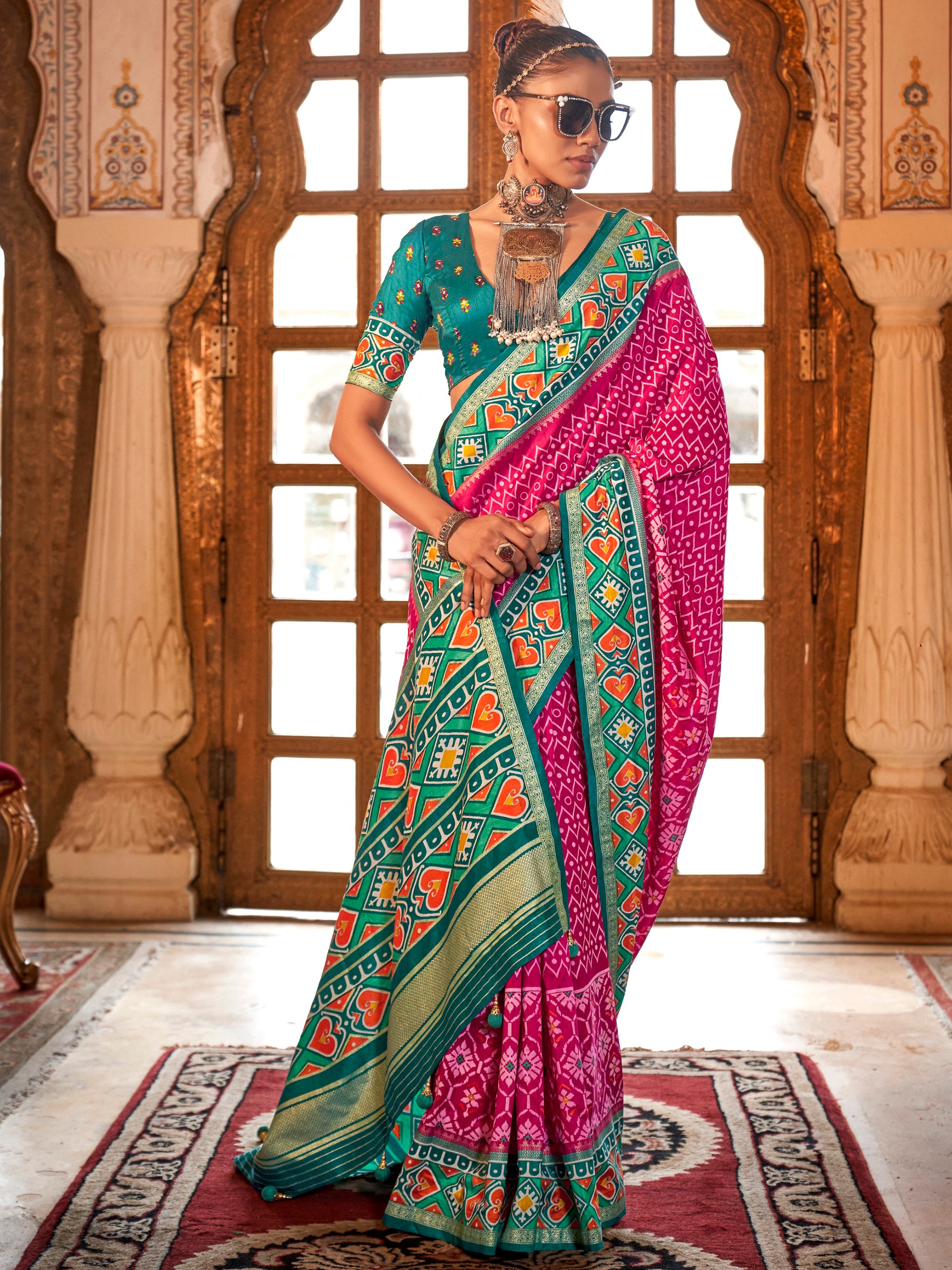 Gorgeous Pink Patola Printed Silk Event Wear Saree With Blouse