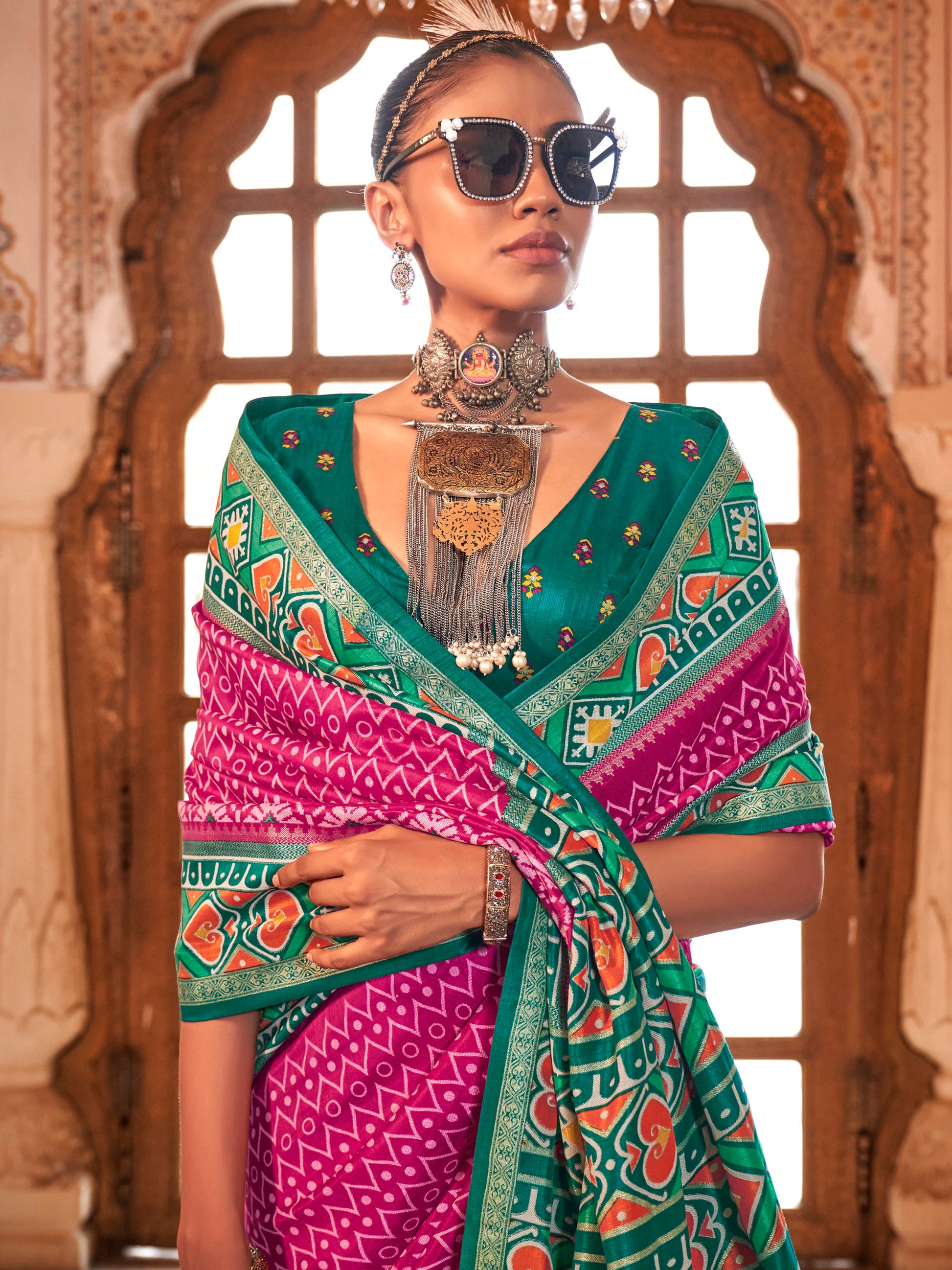 Gorgeous Pink Patola Printed Silk Event Wear Saree With Blouse