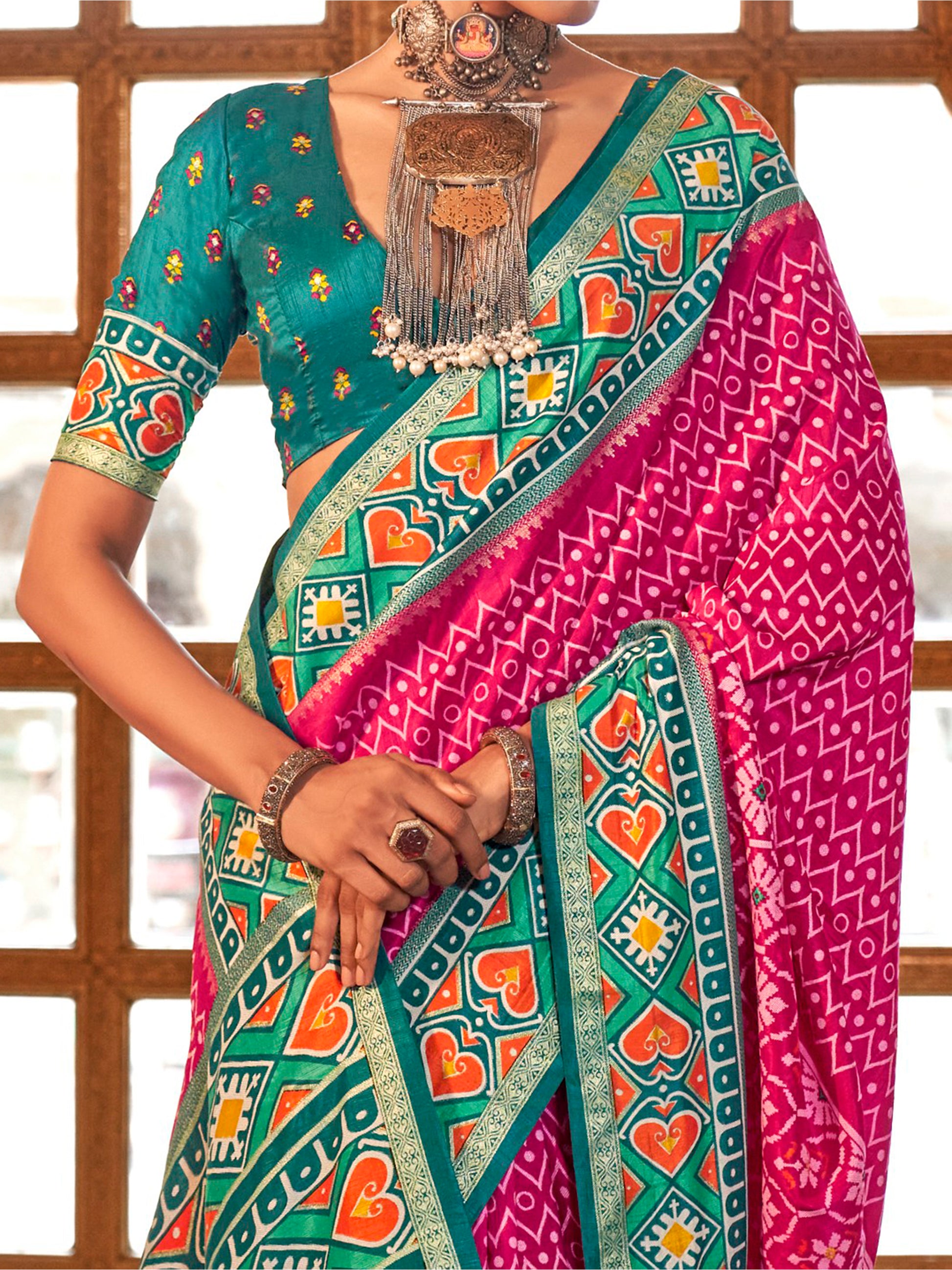 Gorgeous Pink Patola Printed Silk Event Wear Saree With Blouse