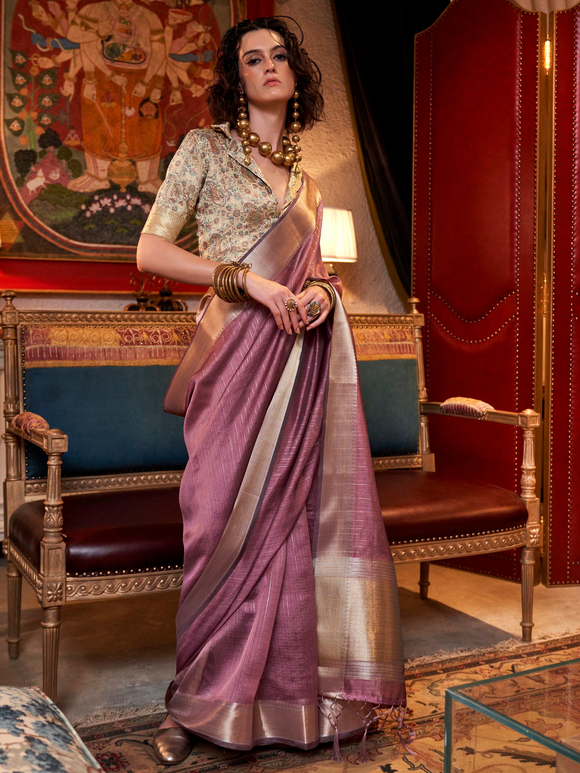 Adorable Mauve Weaving Chiffon Event Wear Saree With Blouse
