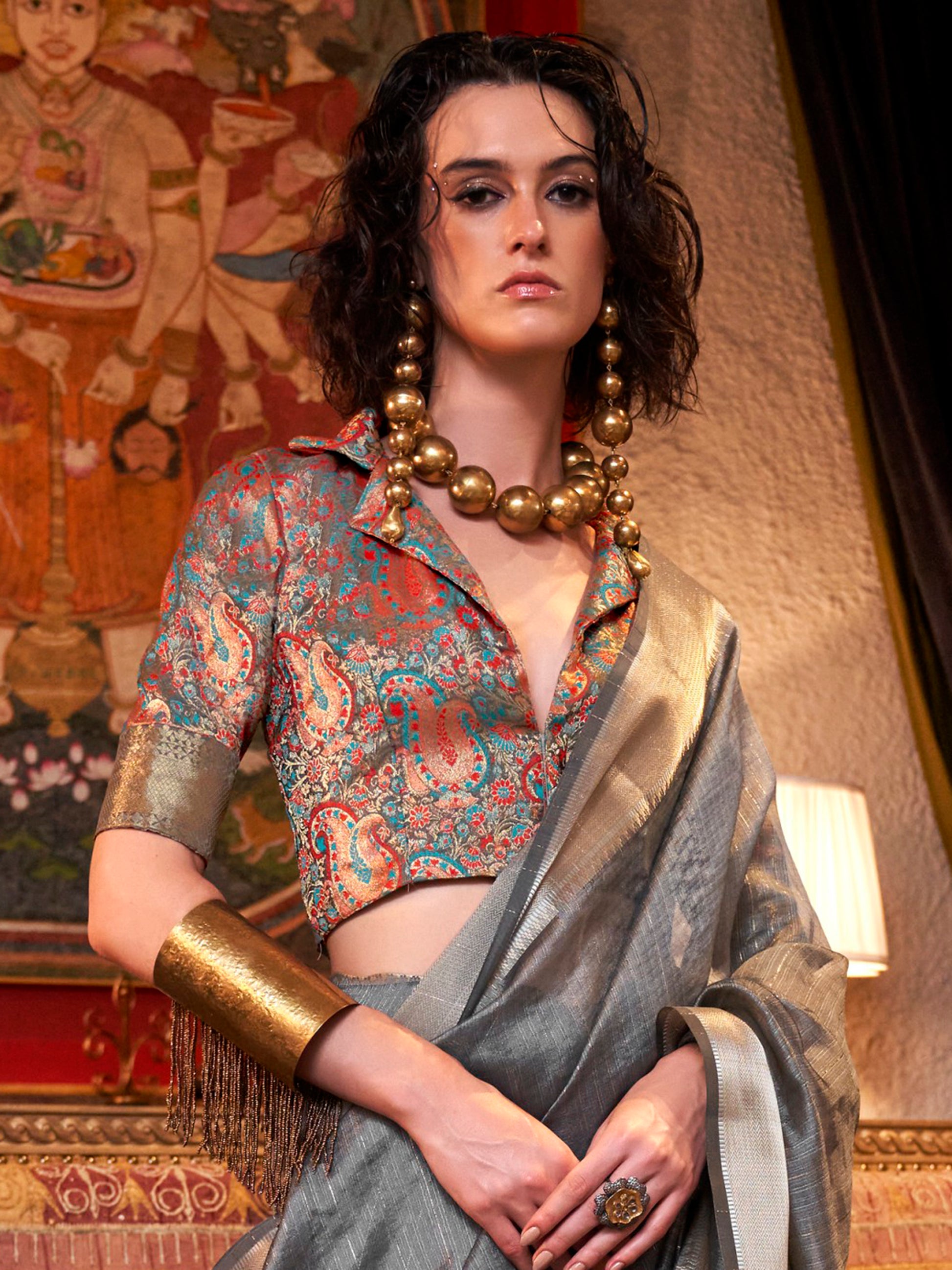 Astonishing Grey Weaving Chiffon Traditional Saree With Blouse