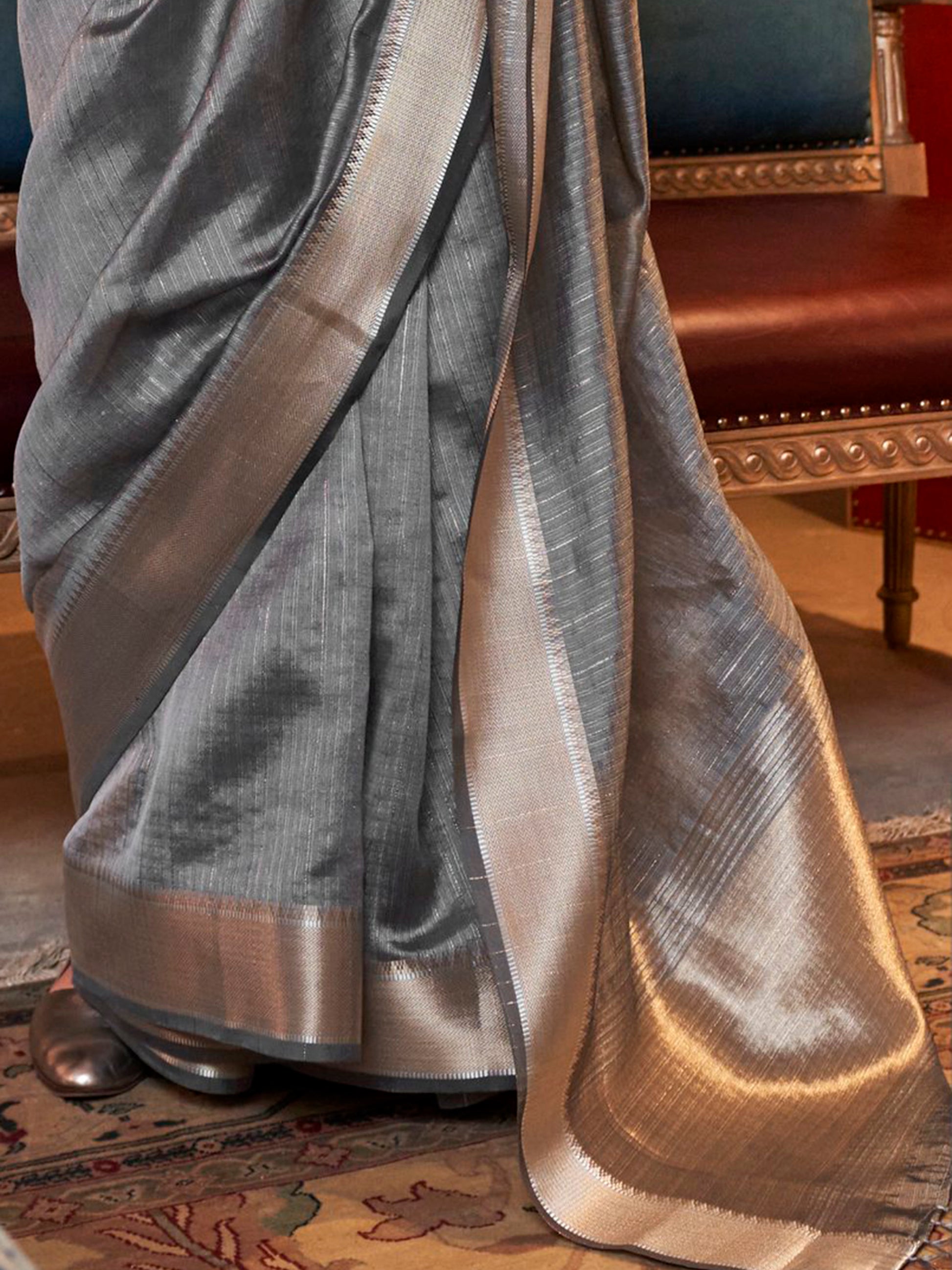 Astonishing Grey Weaving Chiffon Traditional Saree With Blouse