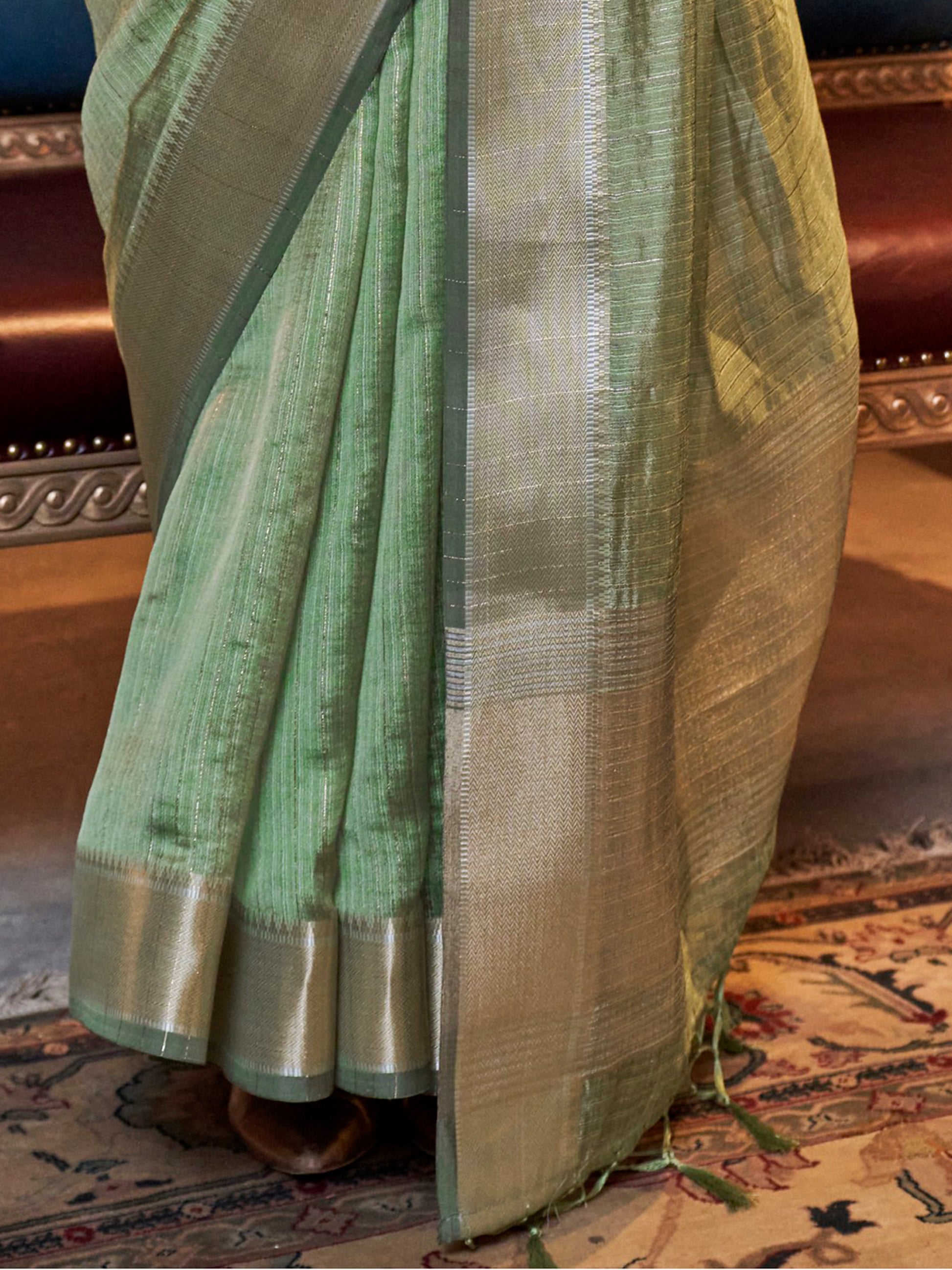 Incredible Olive Green Zari Weaving Chiffon Saree With Blouse