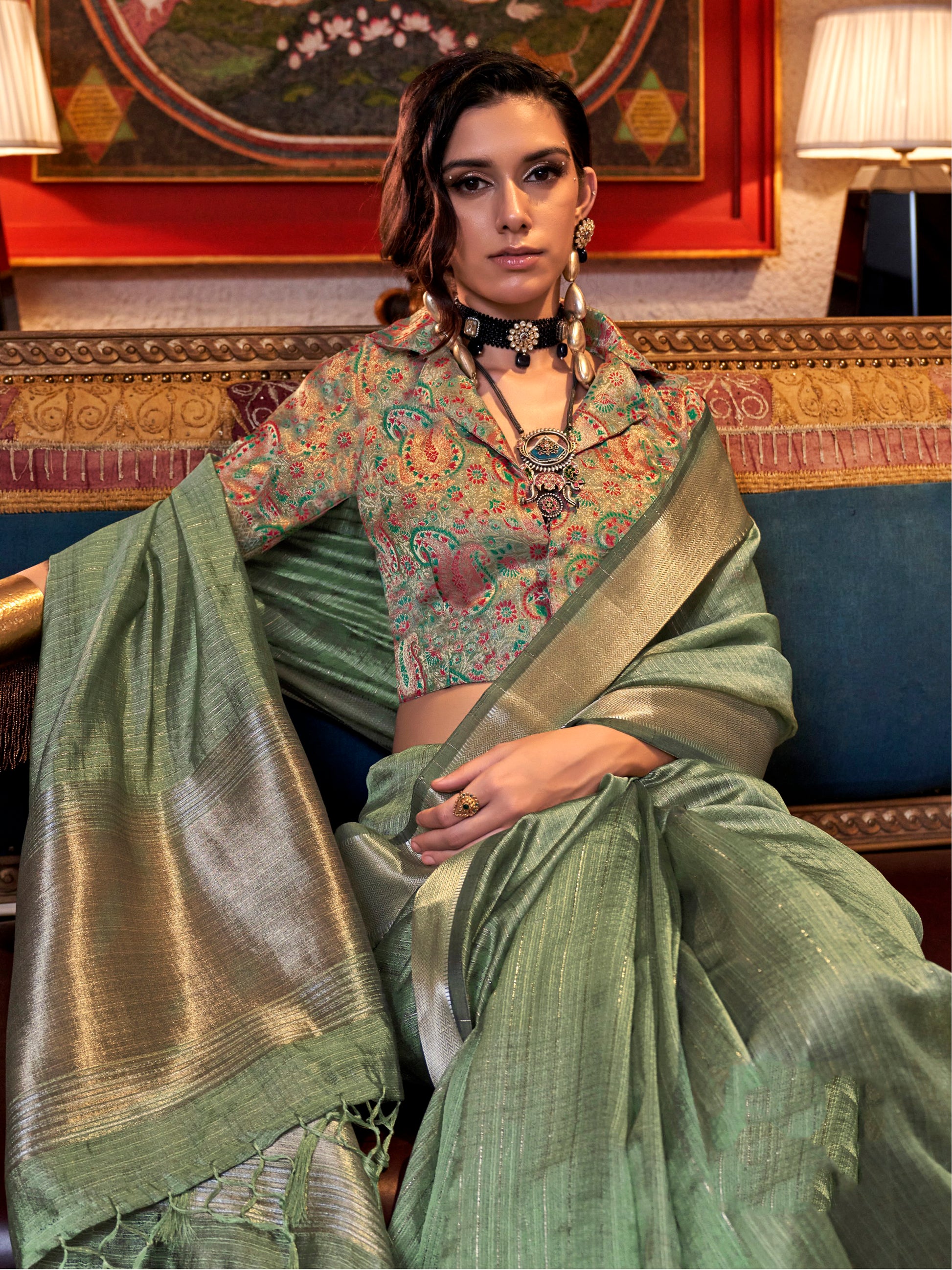 Incredible Olive Green Zari Weaving Chiffon Saree With Blouse