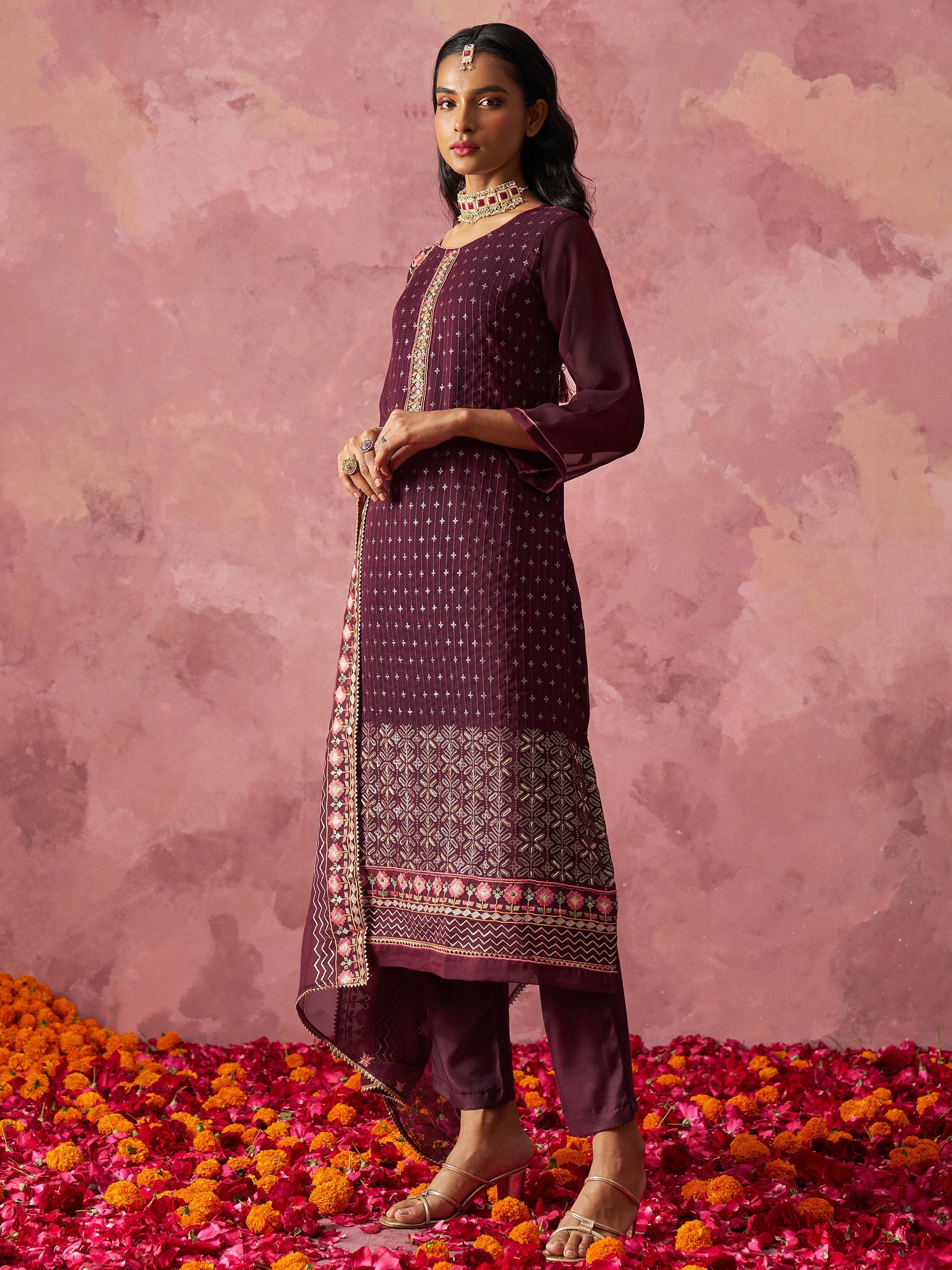 Amazing Wine Thread Work Georgette Festive Wear Straight Top With Pant