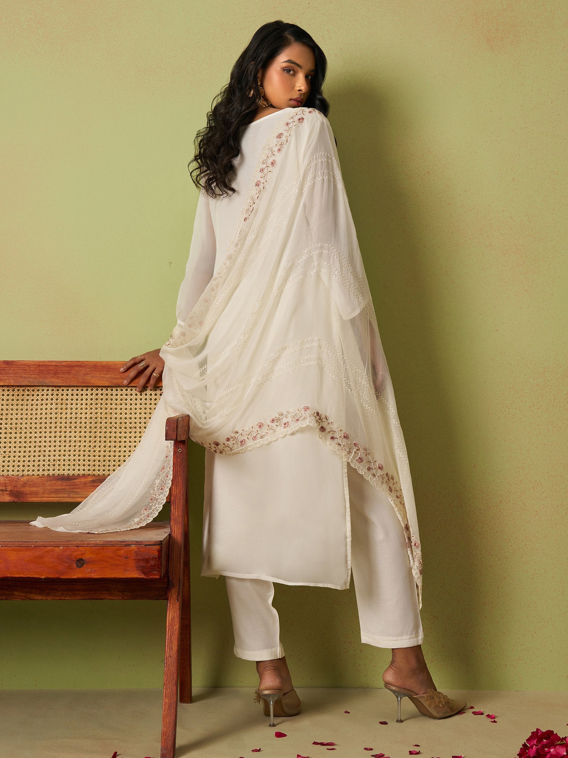 Beautiful Off-White Bead Work Organza Silk Pant Suit With Dupatta