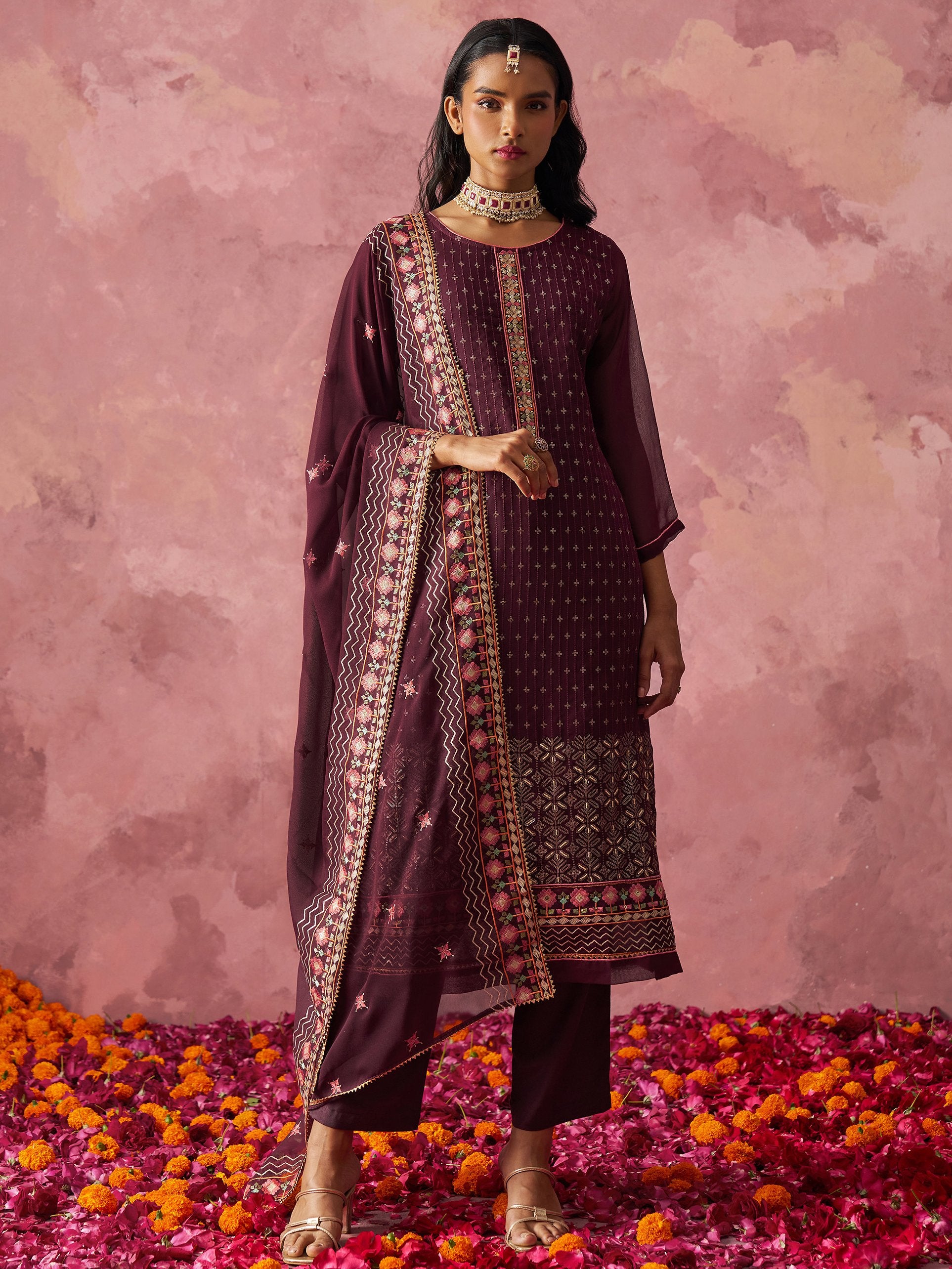 Amazing Wine Thread Work Georgette Festive Wear Straight Top With Pant
