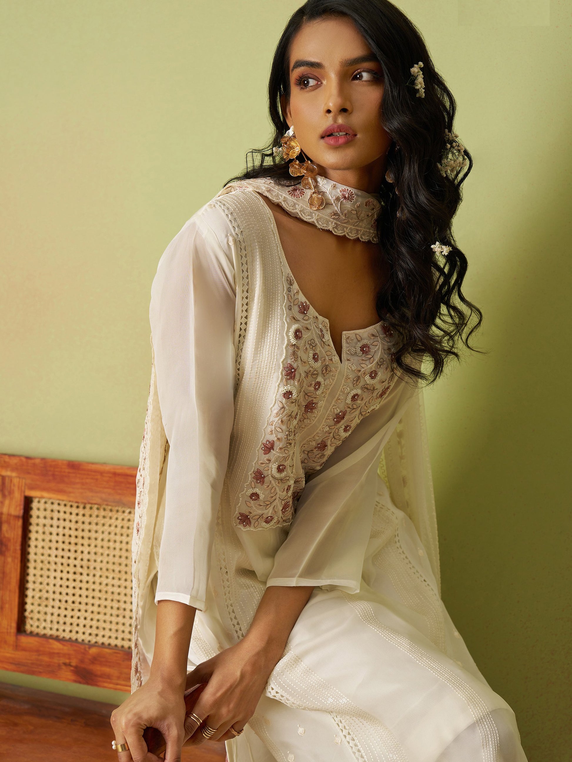 Beautiful Off-White Bead Work Organza Silk Pant Suit With Dupatta