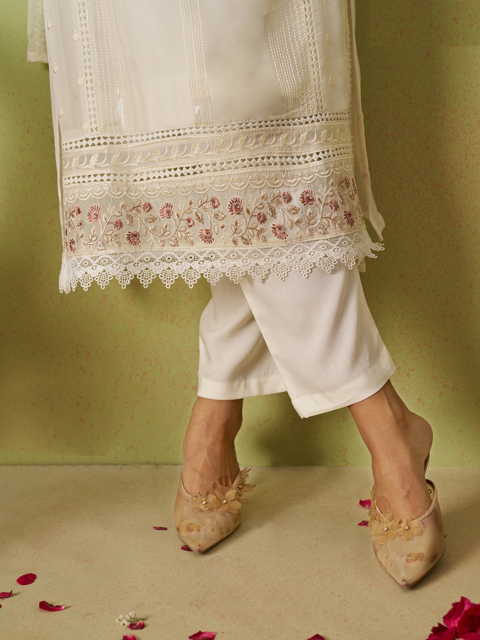 Beautiful Off-White Bead Work Organza Silk Pant Suit With Dupatta