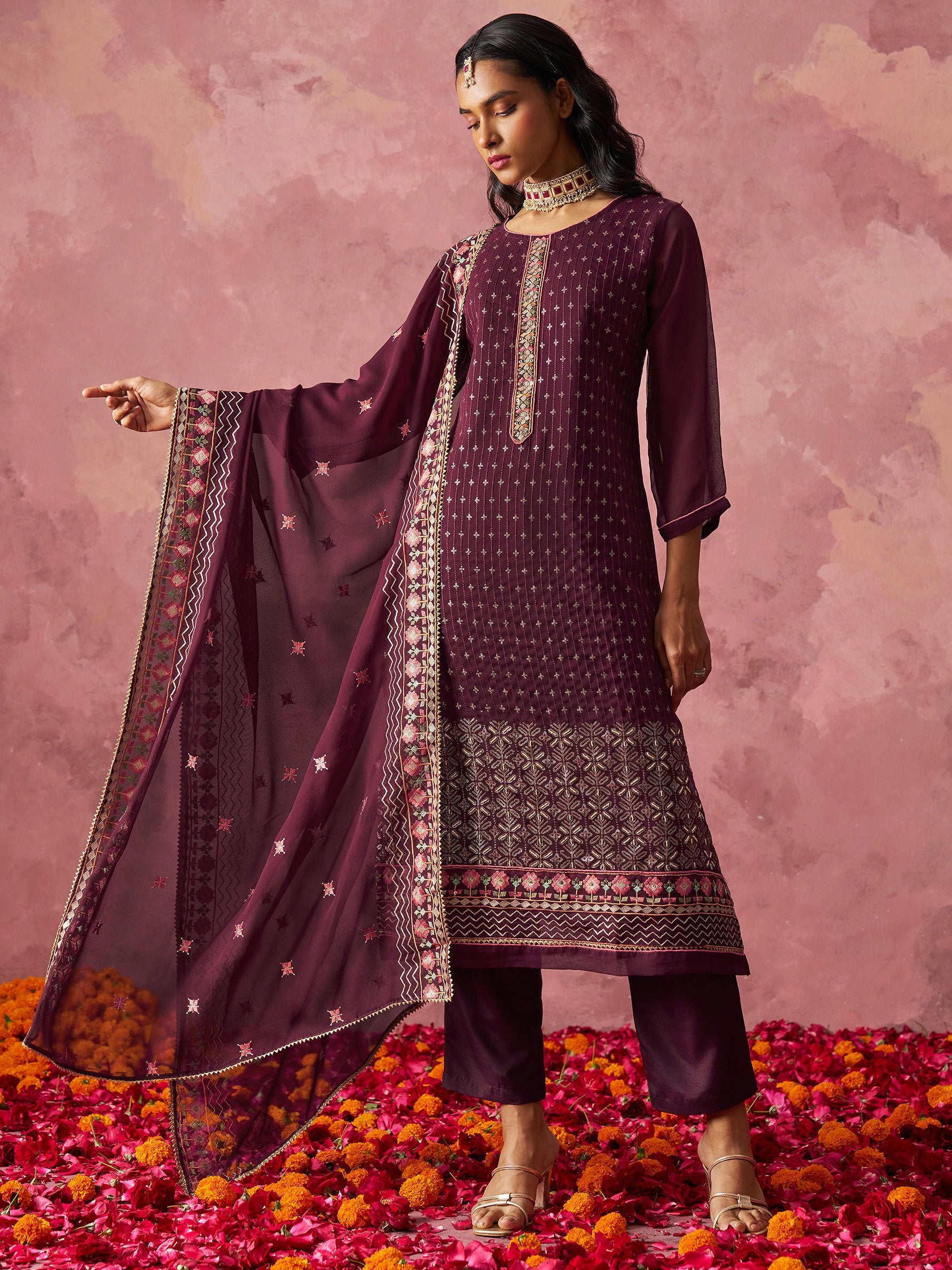 Amazing Wine Thread Work Georgette Festive Wear Straight Top With Pant