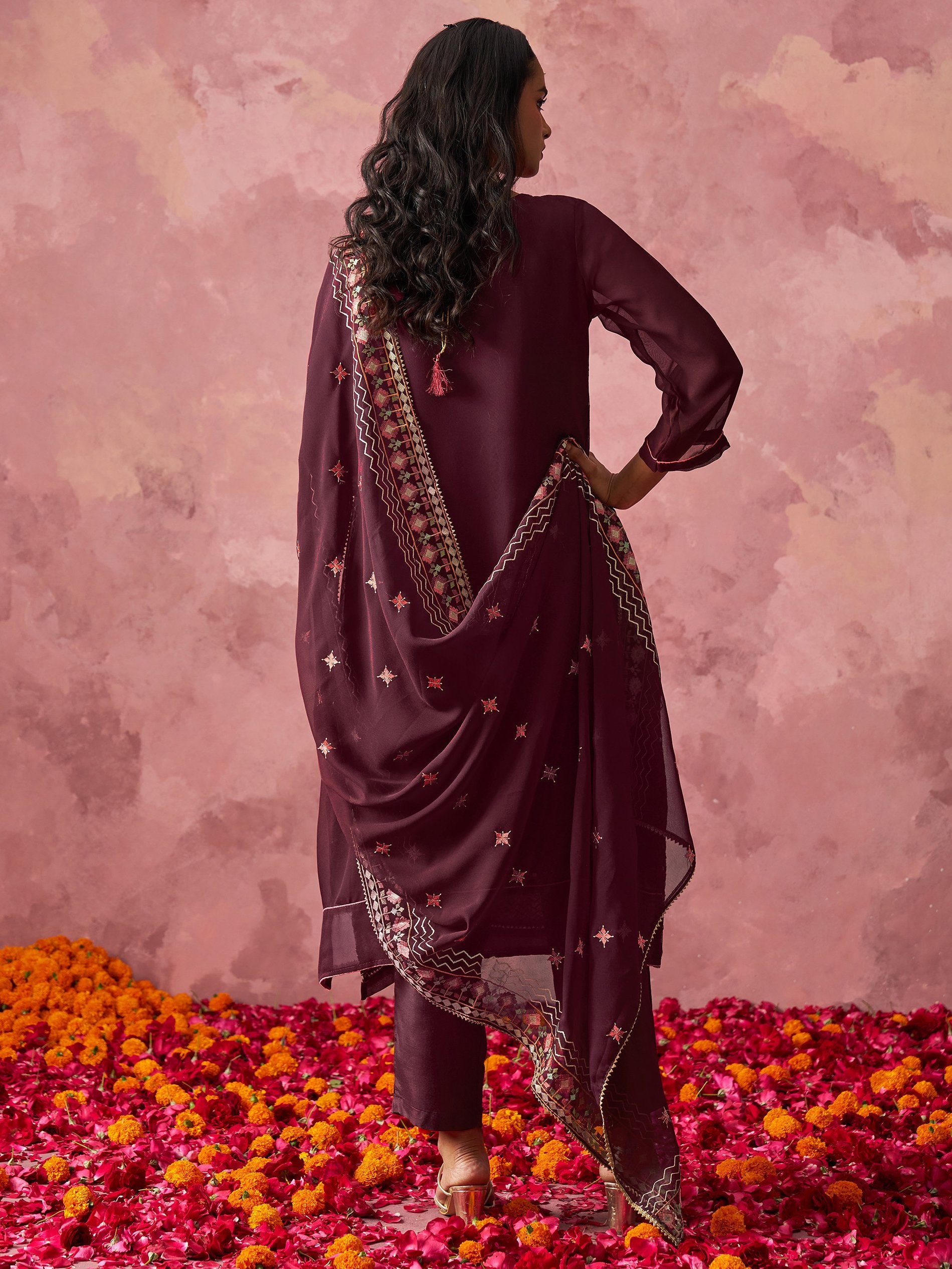 Amazing Wine Thread Work Georgette Festive Wear Straight Top With Pant