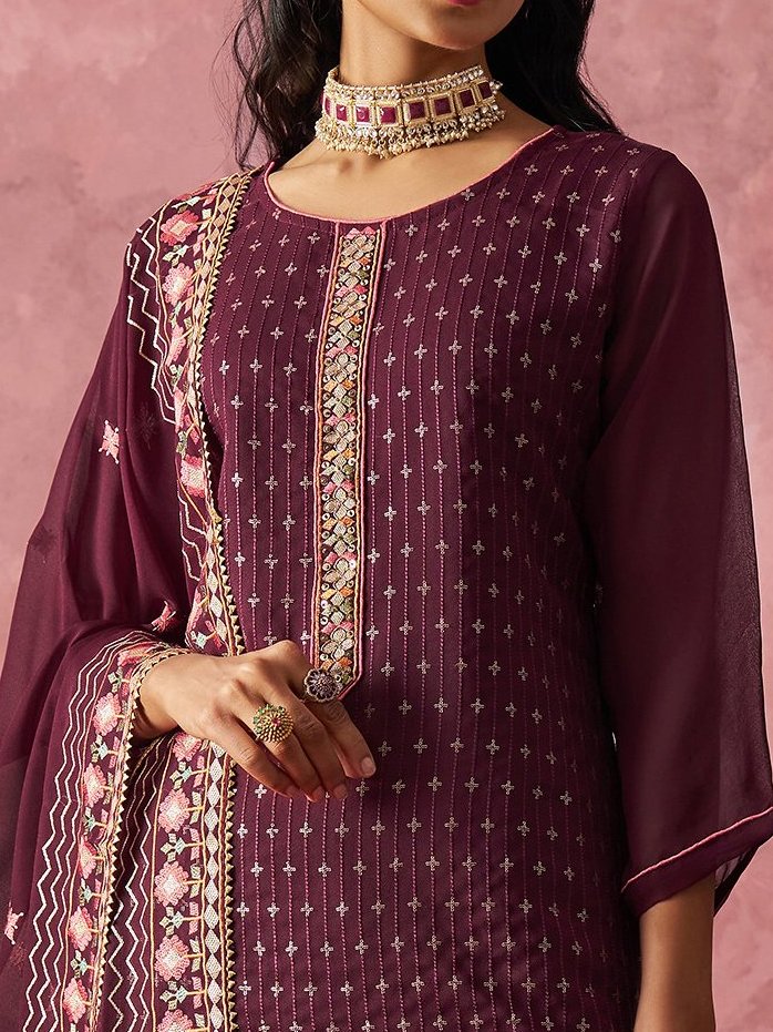 Amazing Wine Thread Work Georgette Festive Wear Straight Top With Pant