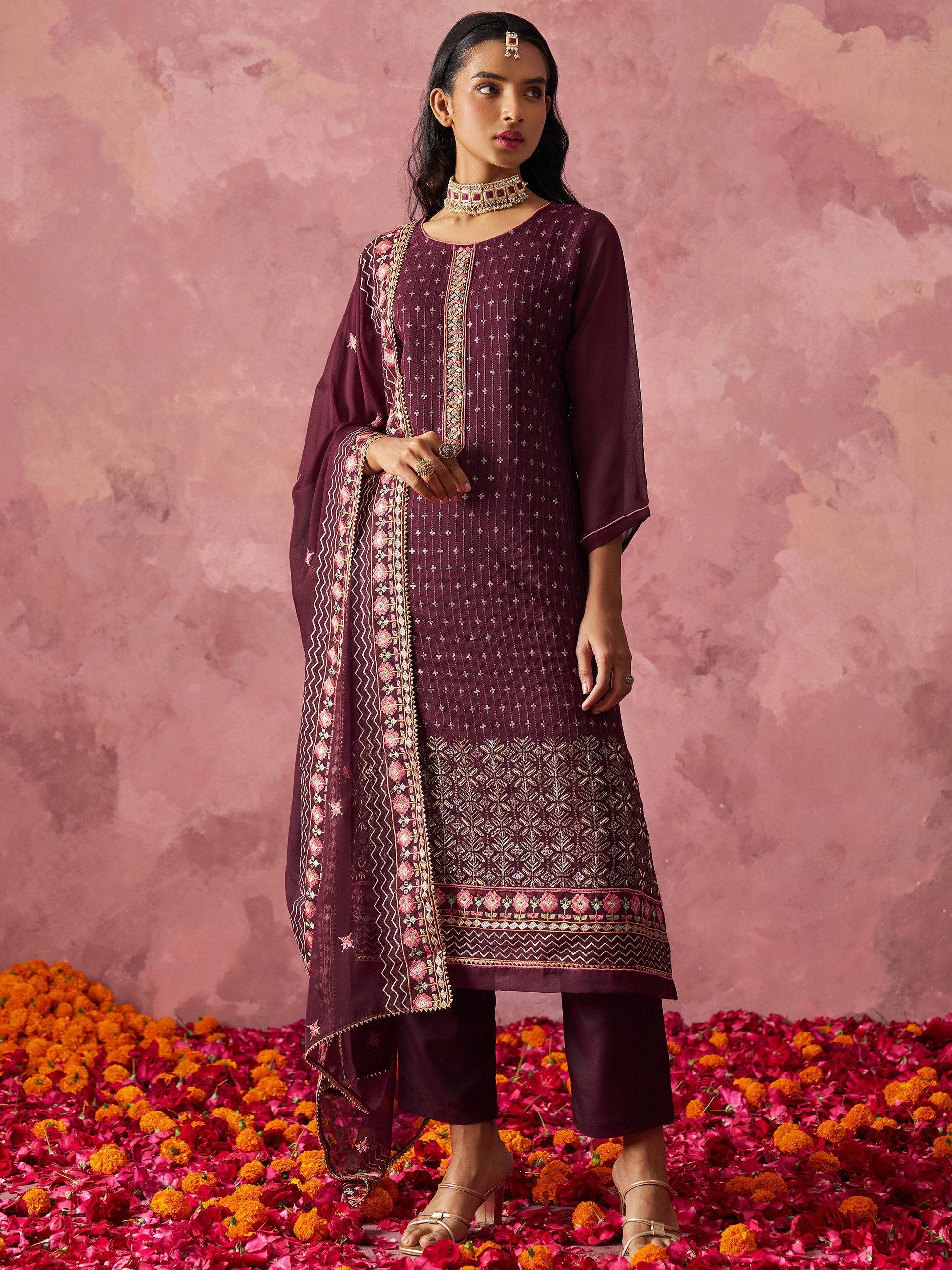 Amazing Wine Thread Work Georgette Festive Wear Straight Top With Pant
