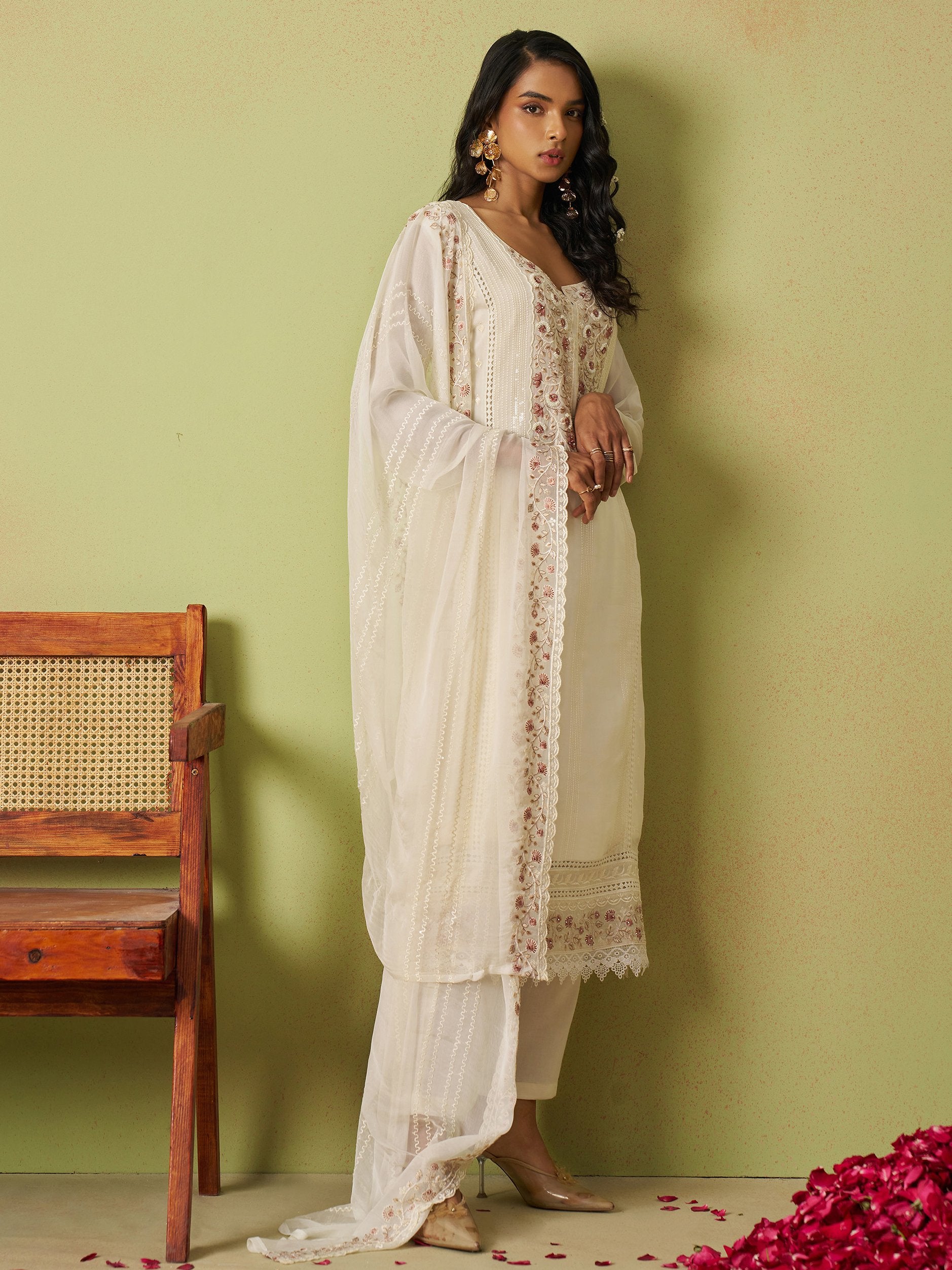 Beautiful Off-White Bead Work Organza Silk Pant Suit With Dupatta