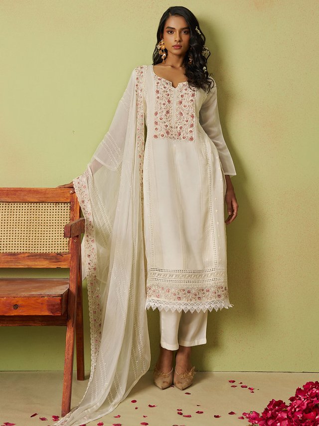 Beautiful Off-White Bead Work Organza Silk Pant Suit With Dupatta