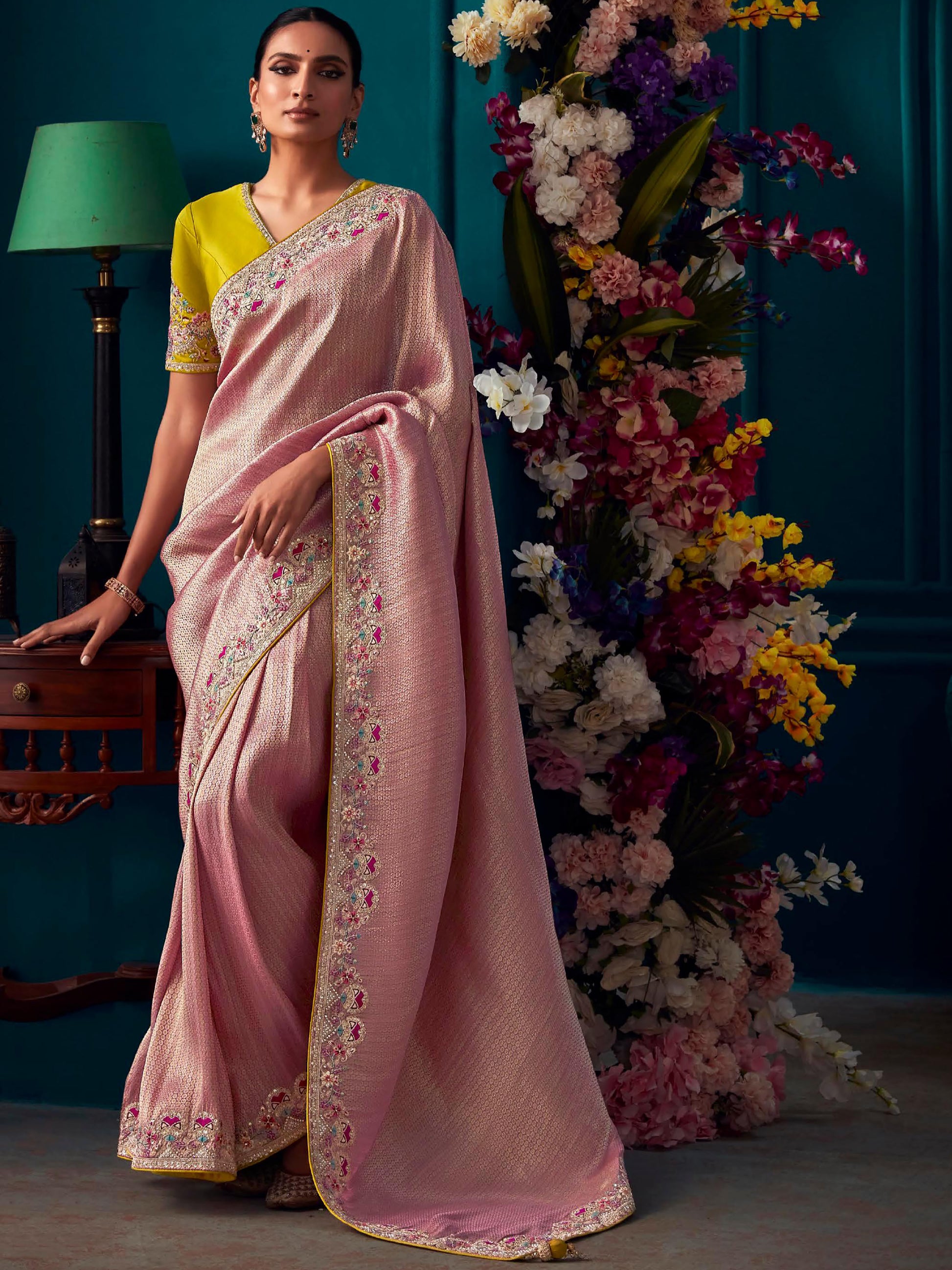Gorgeous Pink Embroidered Kanjivaram Silk Engagement Wear Saree
