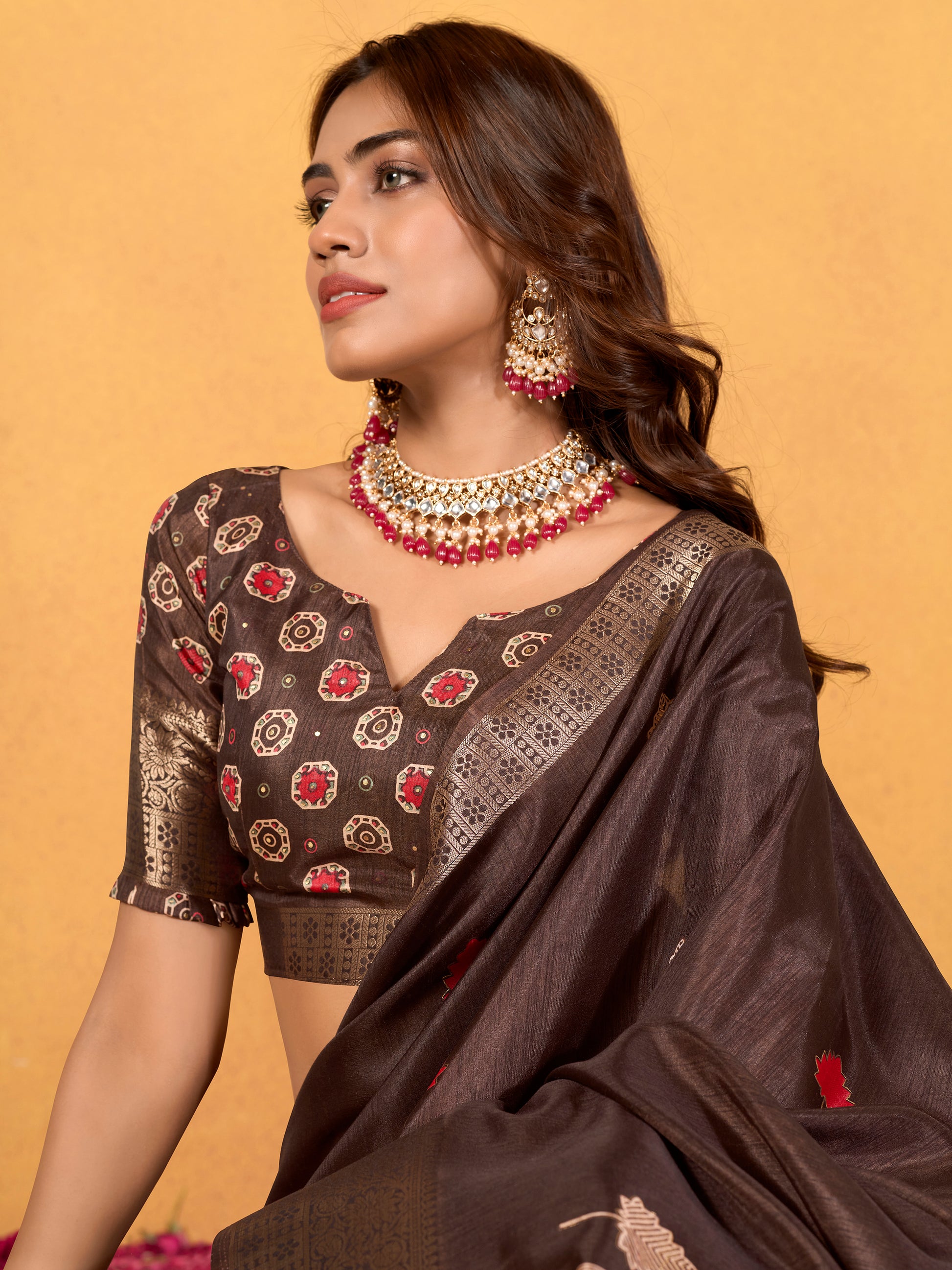 Gorgeous Brown Foil Printed Dola Silk Saree With Blouse